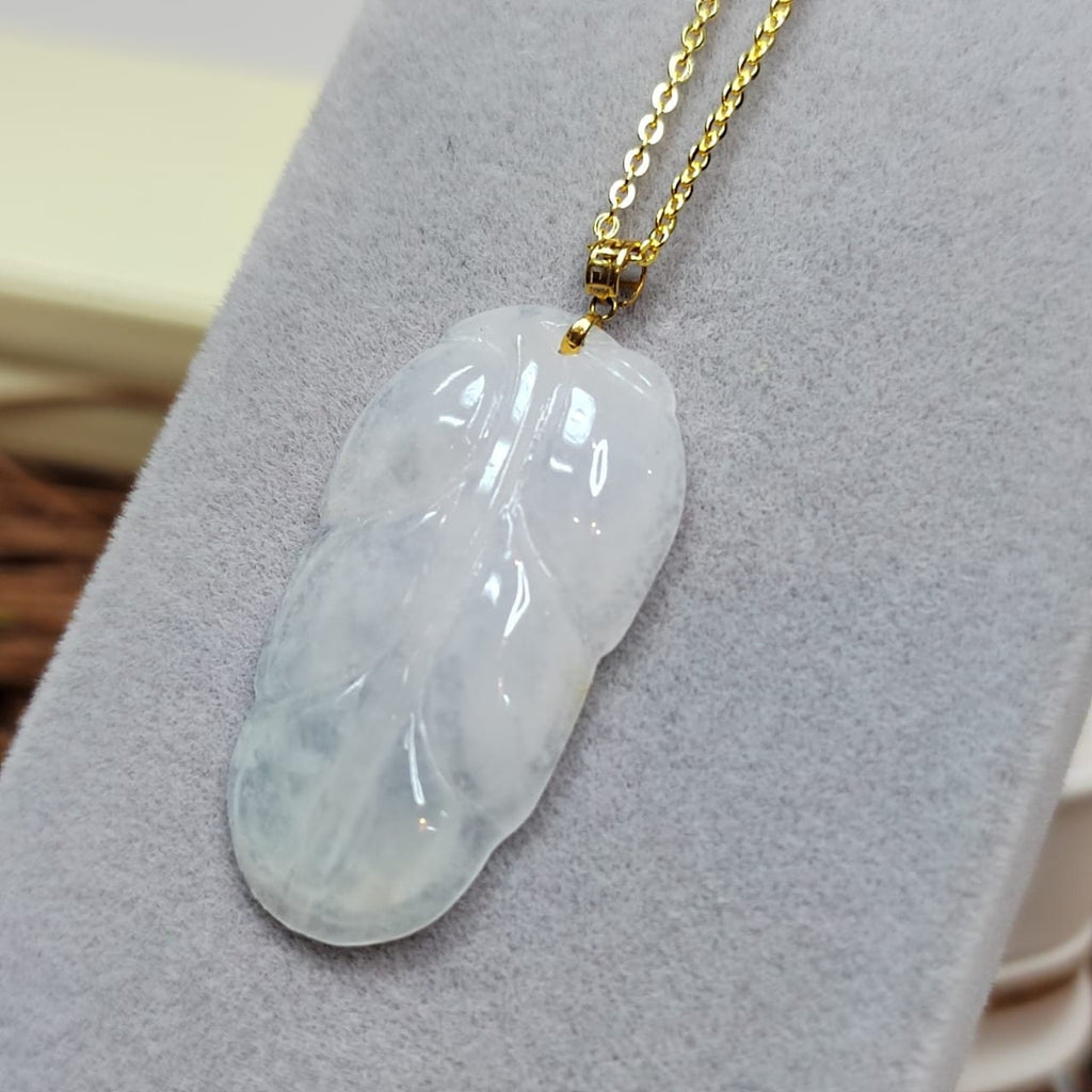 Certified Burmese A-Grade Icy Snow|雪花棉 Leaf Cloud Beautiful Jadeite Pendant 18k Solid Yellow Gold Best Gift For Her, Mom, Wife SL802 - SL Precious