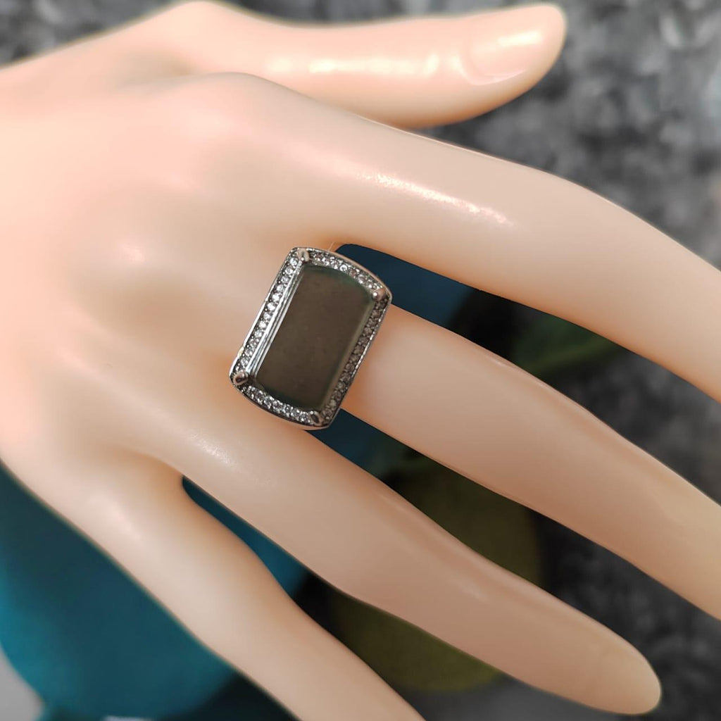 Green Guatemala Jade Zircon Accent Statement Ring S925 Silver Plated with 18K White Gold Unisex SL084 - SL Precious