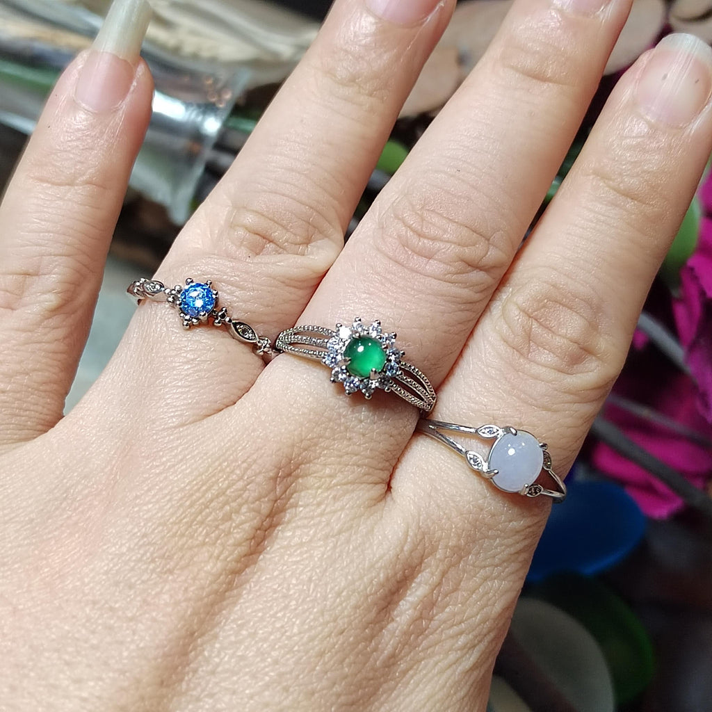 3pcs Set – Burmese White Jadeite, Guatemala Green Jadeite & Blue Topaz Rings | S925 Silver | Elegant Mixed Energy Trio | SL408