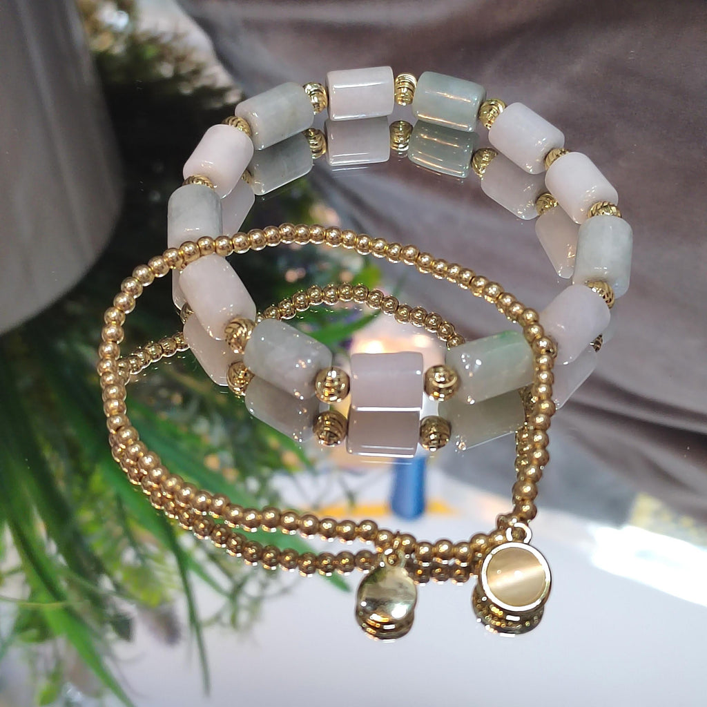 Burmese Natural Untreated Cylinder Beads Jadeite With Gold Plated Bead Bracelet Double Layer Fashion SL161