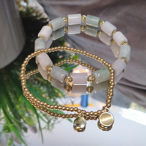Burmese Natural Untreated Cylinder Beads Jadeite With Gold Plated Bead Bracelet Double Layer Fashion SL161 - SL Precious