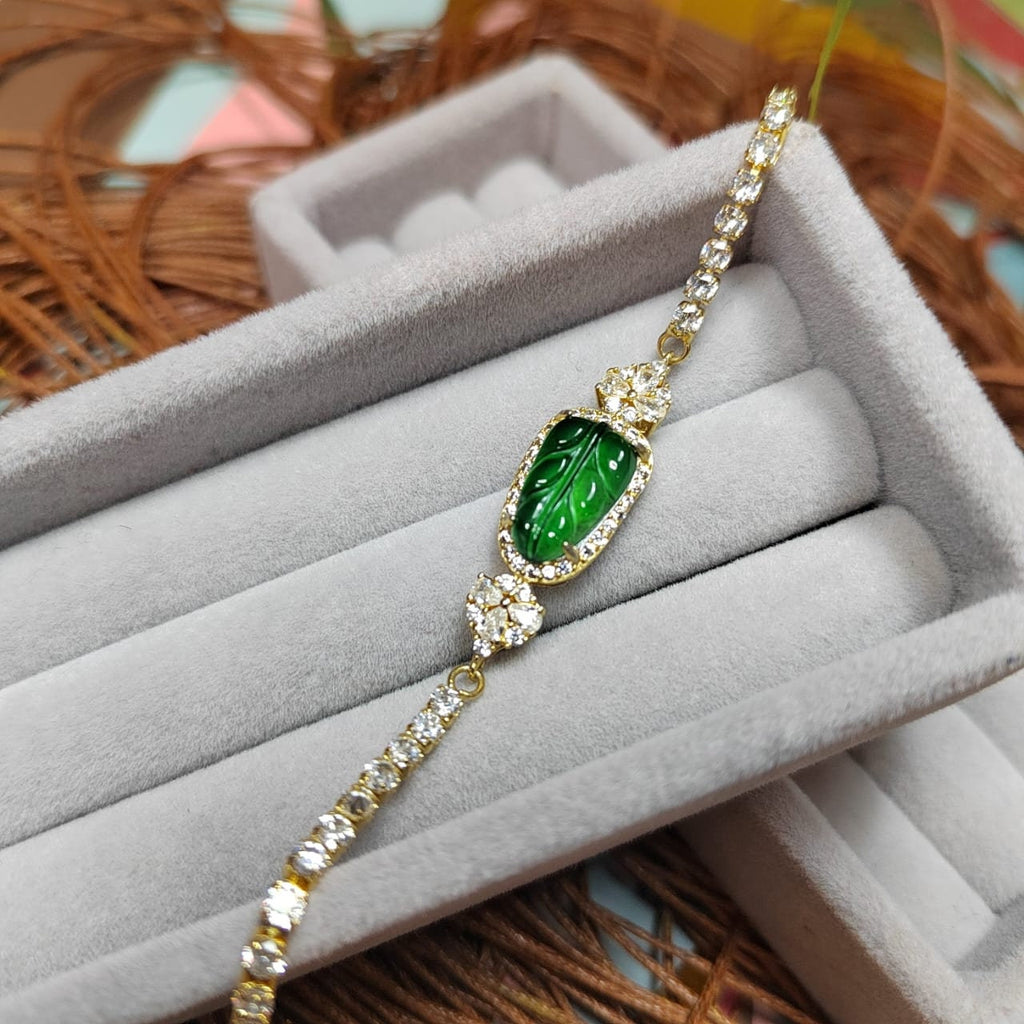 A-Grade Women Natural Gemstone Guatemala Imperial Geen Leaf Jadeite with Zircon on Gold Plated Bracelet For Her SL044