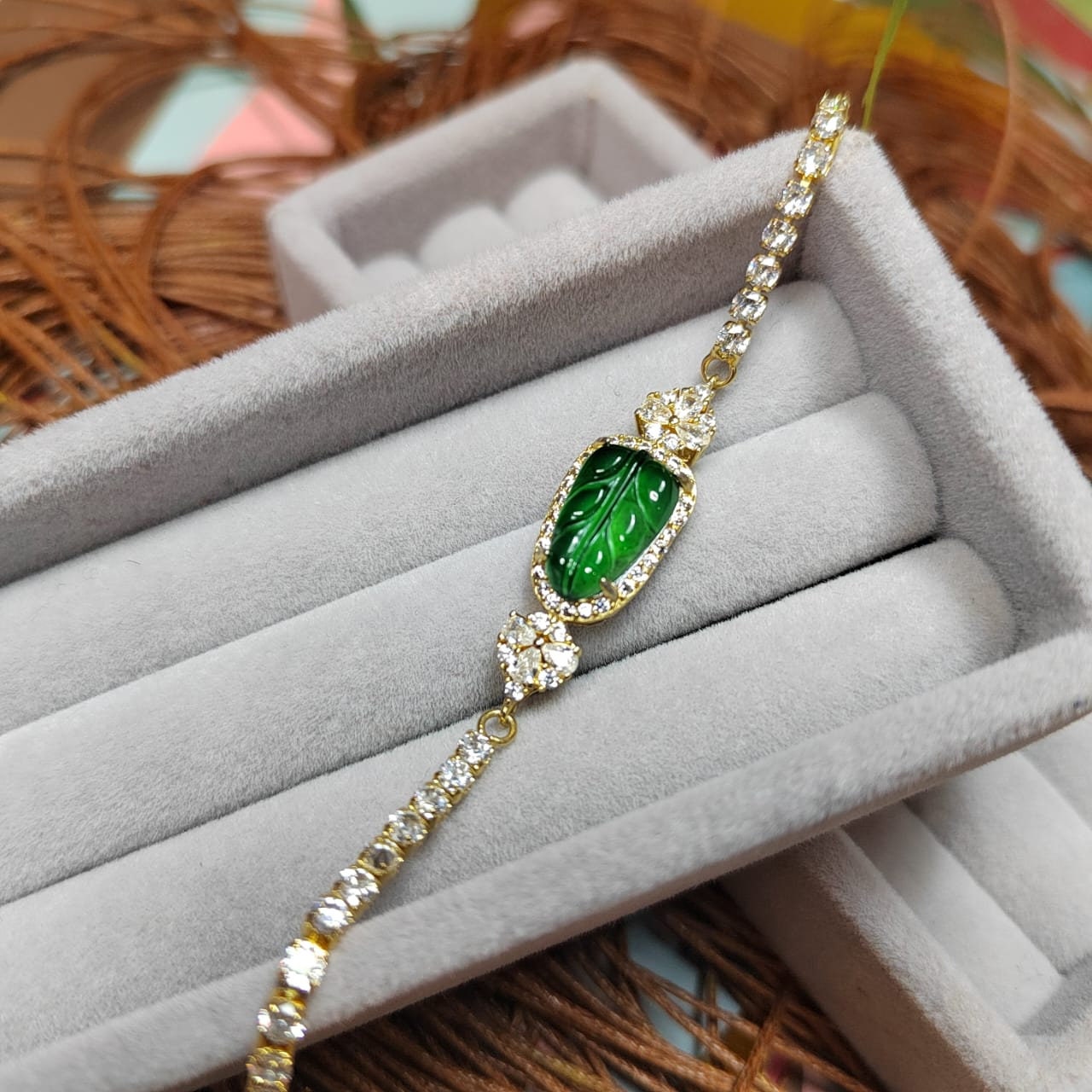 A-Grade Women Natural Gemstone Guatemala Imperial Geen Leaf Jadeite with Zircon on Gold Plated Bracelet For Her SL044