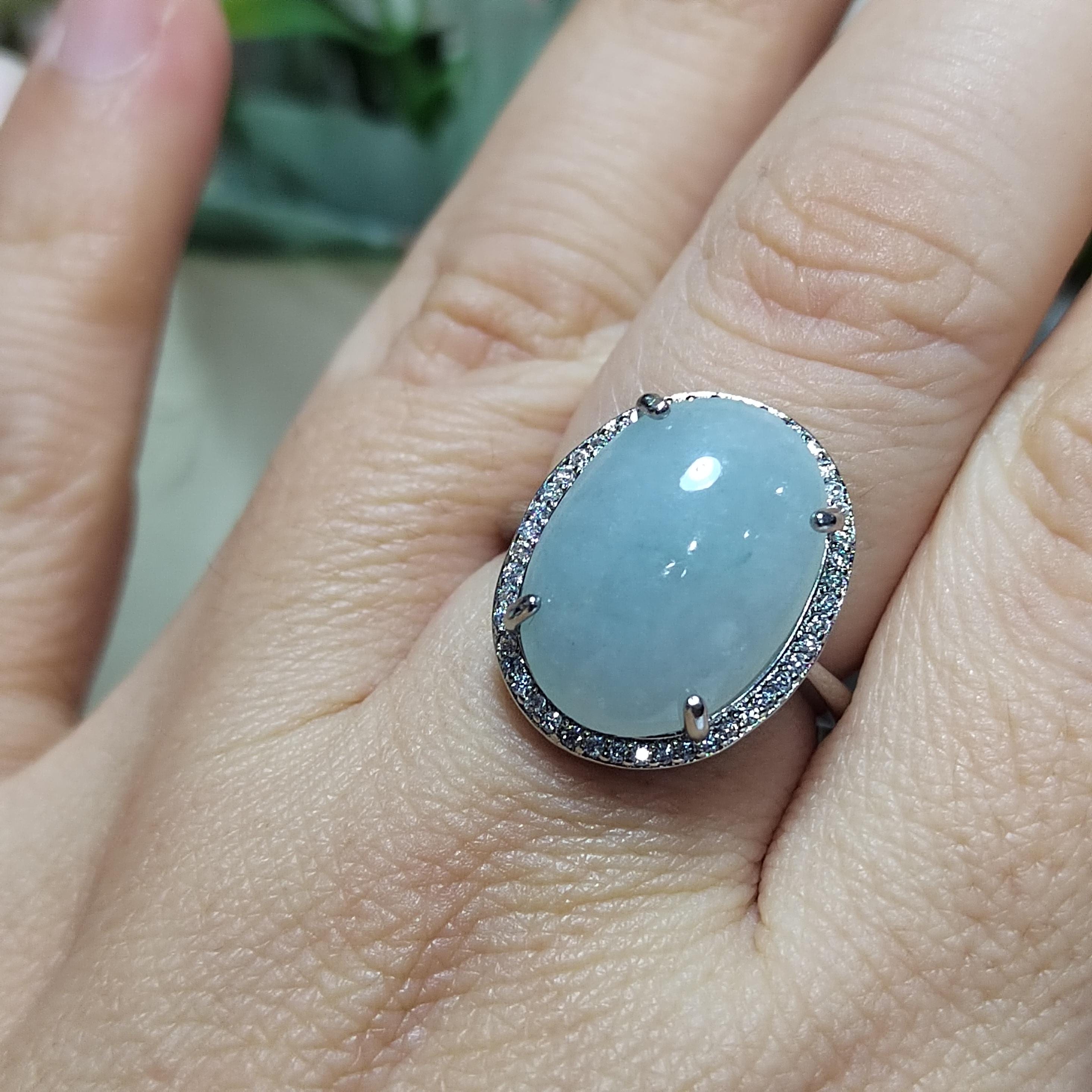 Burmese A-Grade Natural White Icy Blue Jadeite Ring | Floral Zirconia Adjustable SL085