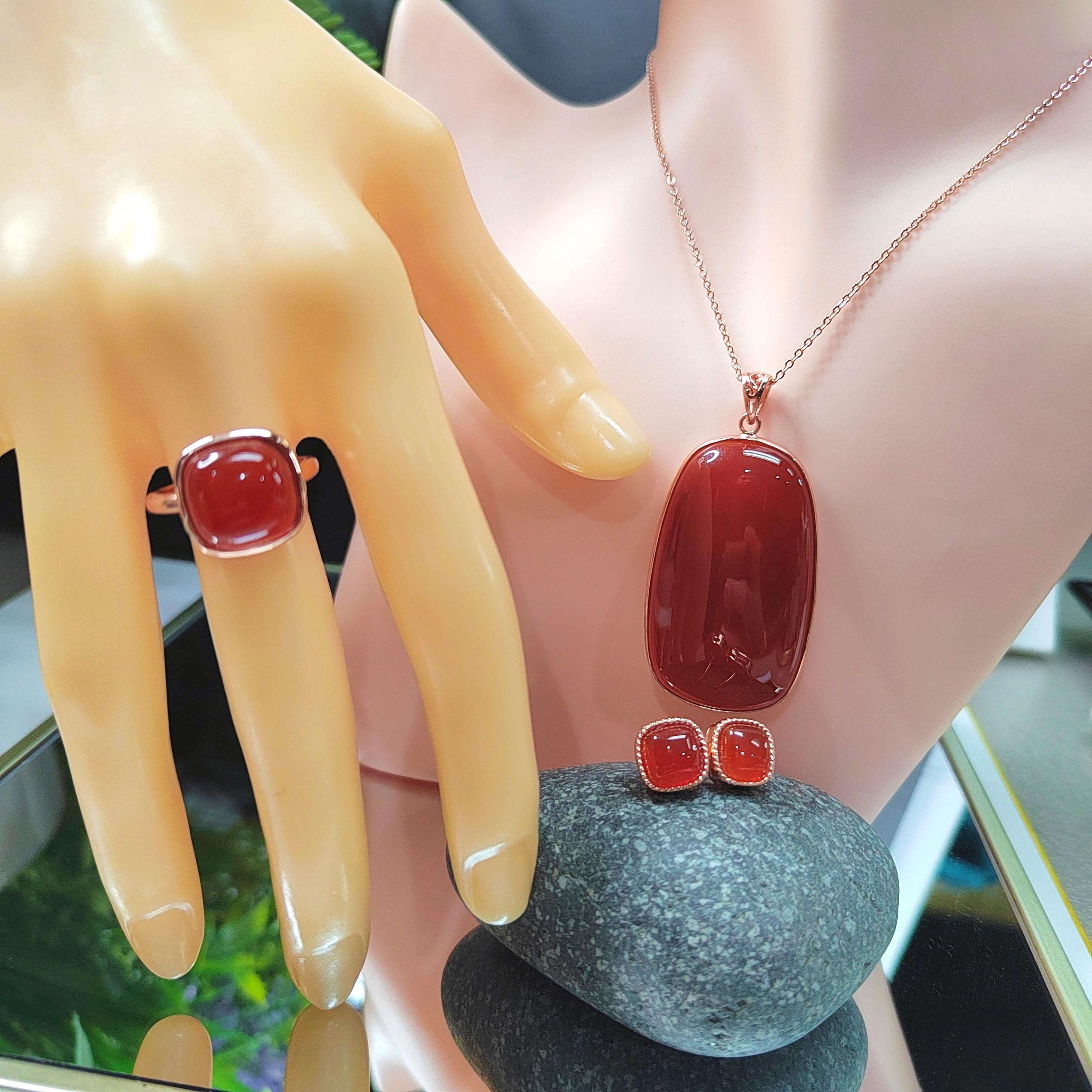 Certified Natural Southern Baoshan Nanhong Icy Top Quality Agate 3pcs Set Earrings -Ring -Pendant/Chain 18k Rose Gold Plated S925 SL358