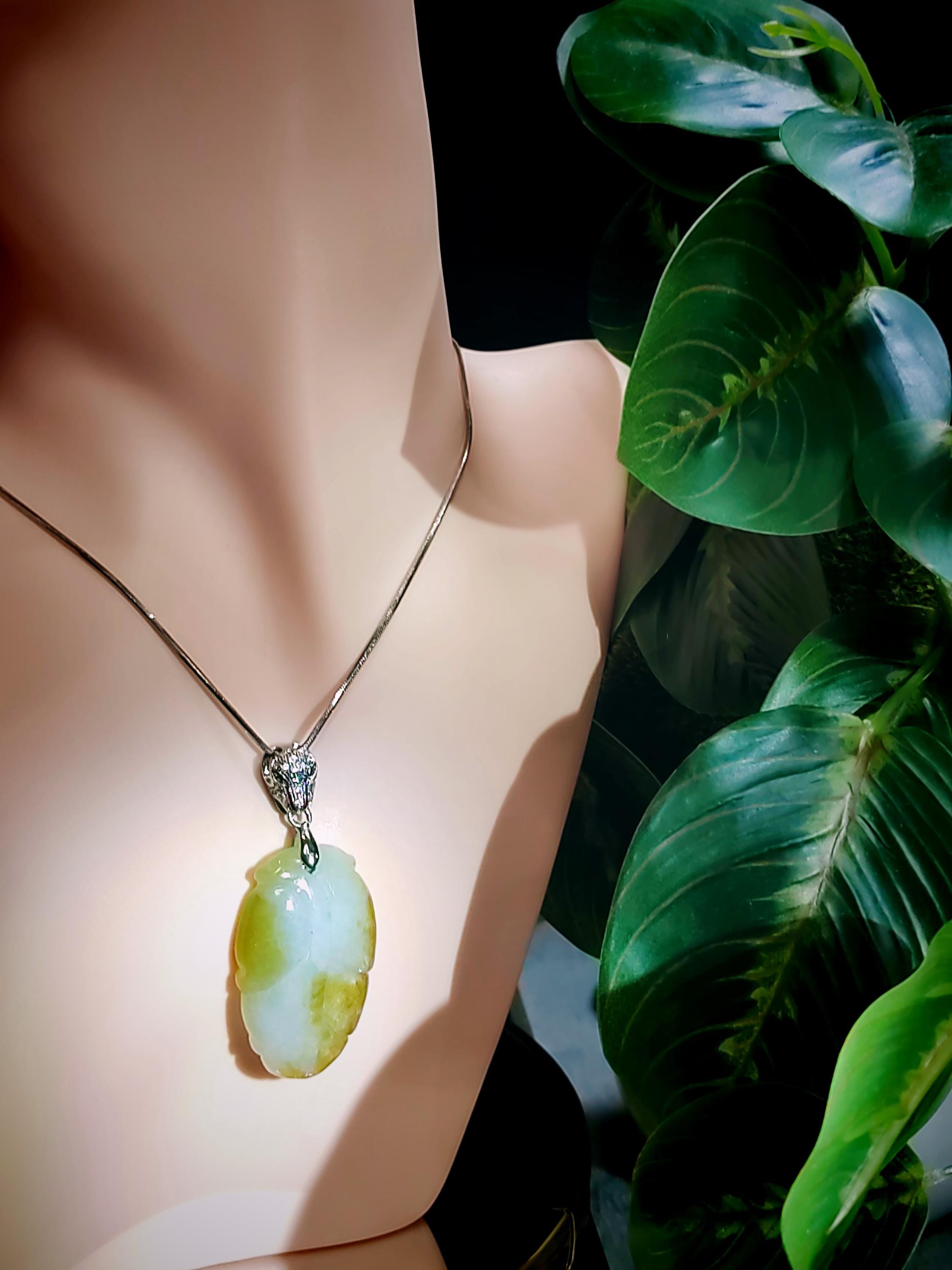 Luxurious Yellow Jadeite Leaf Pendant - Exquisite Panther Bail, 925 Sterling Silver Plated with 18K White Gold SL8000 - SL Precious