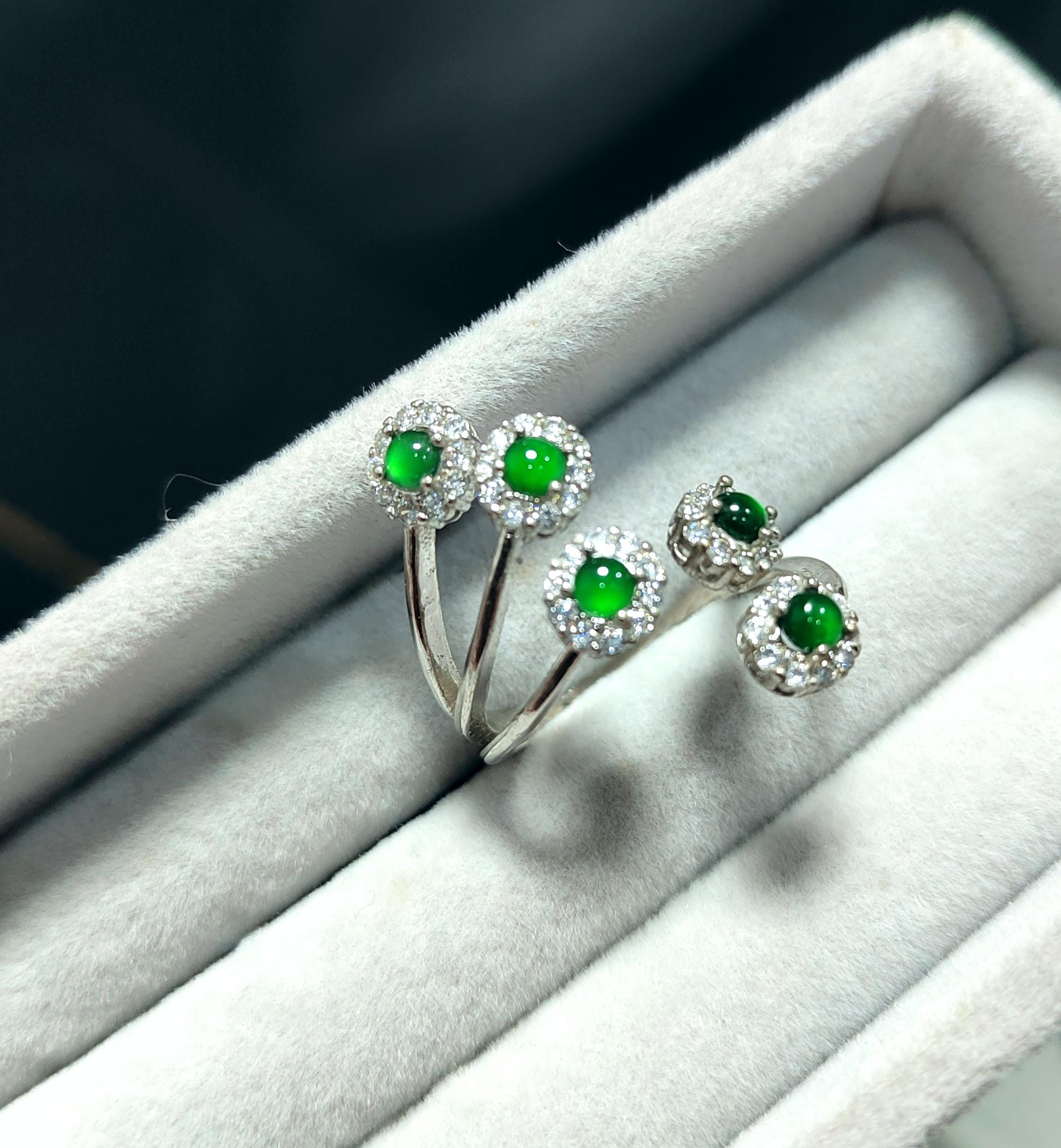 Certified Natural Untreated Guatemala Imperial Green 5pcs Flower Adjustable Design Zircon Set S925 Sterling Silver Jadeite Ring SL372