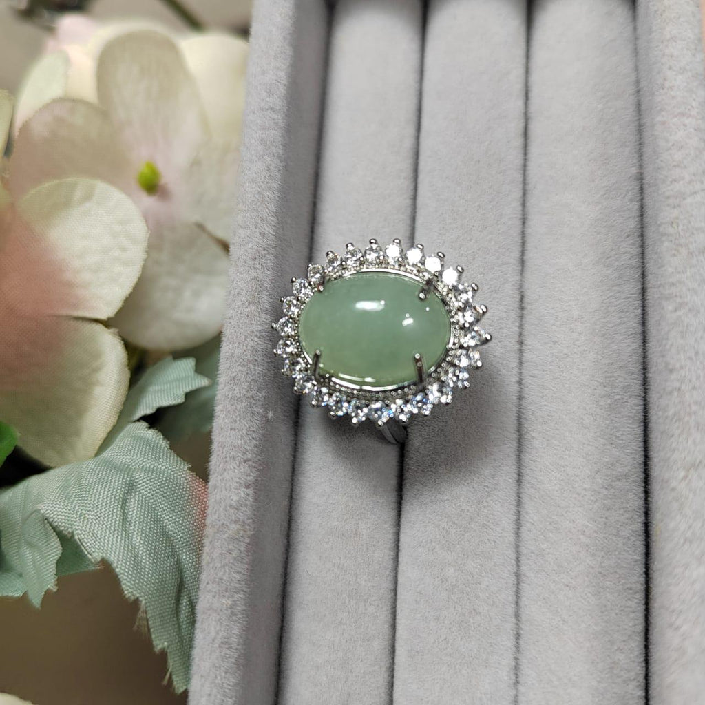 Burmese Gemstone Creamy Green Jadeite Ring | Zircon Accent | S925 Plated with 18K White Gold SL086
