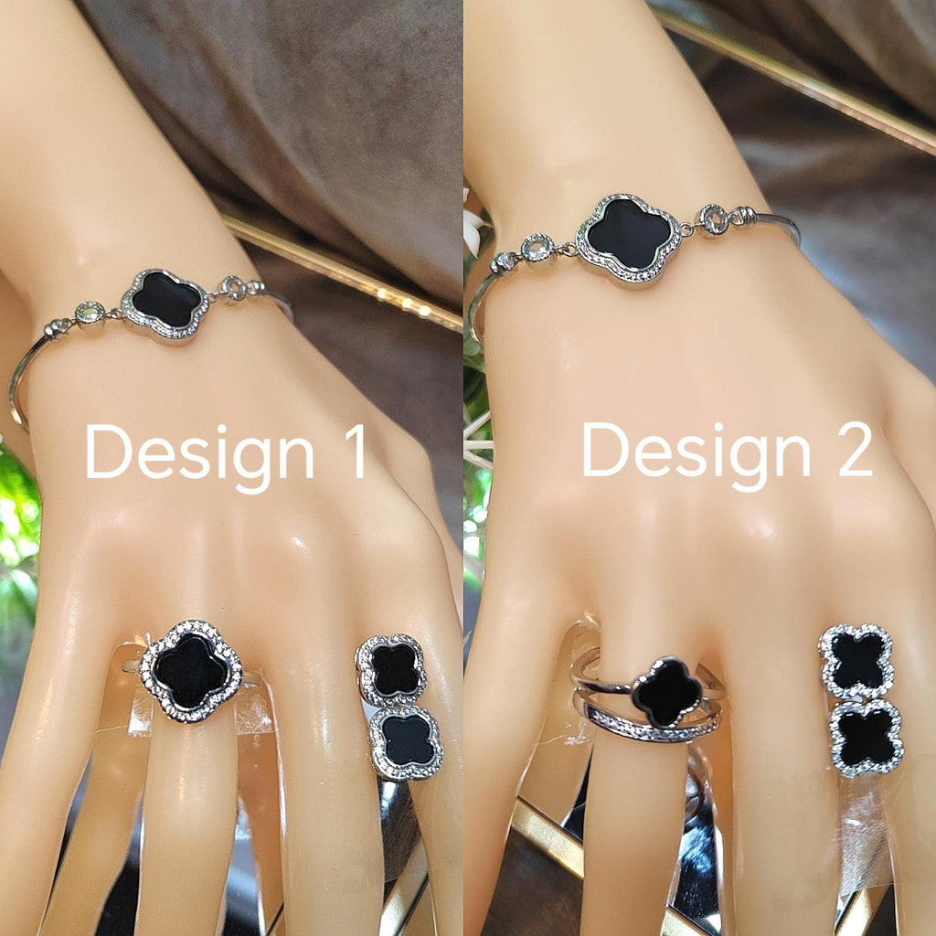 Burmese 3pcs Set Natural Gemstone Untreated Black Ink Jadeite Lucky Flower Ring, Earring, Bracelets/Bangle (2 Designs Available) SL160 SL161