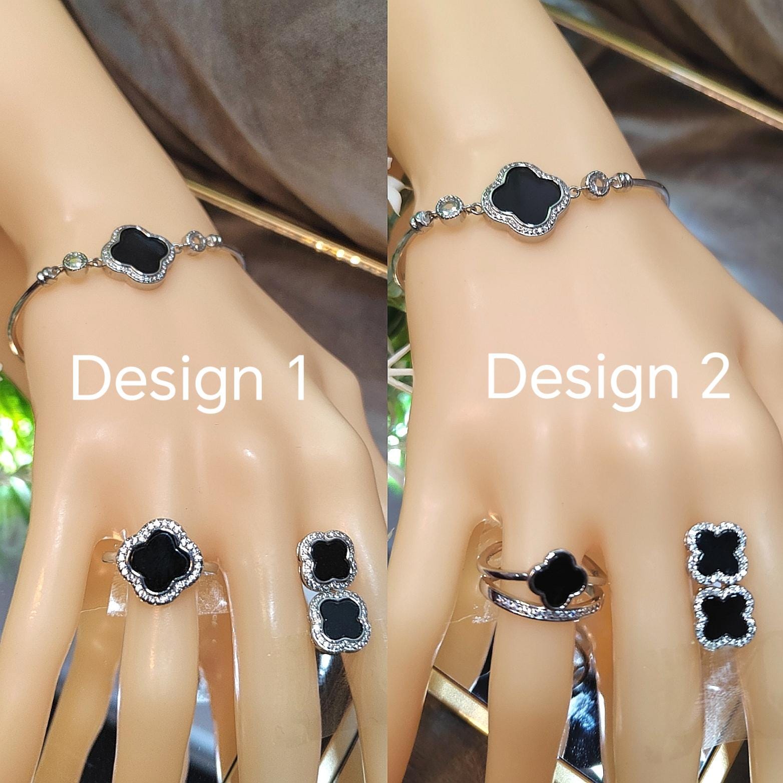 Burmese 3pcs Set Natural Gemstone Untreated Black Ink Jadeite Lucky Flower Ring, Earring, Bracelets/Bangle (2 Designs Available) SL160 SL161