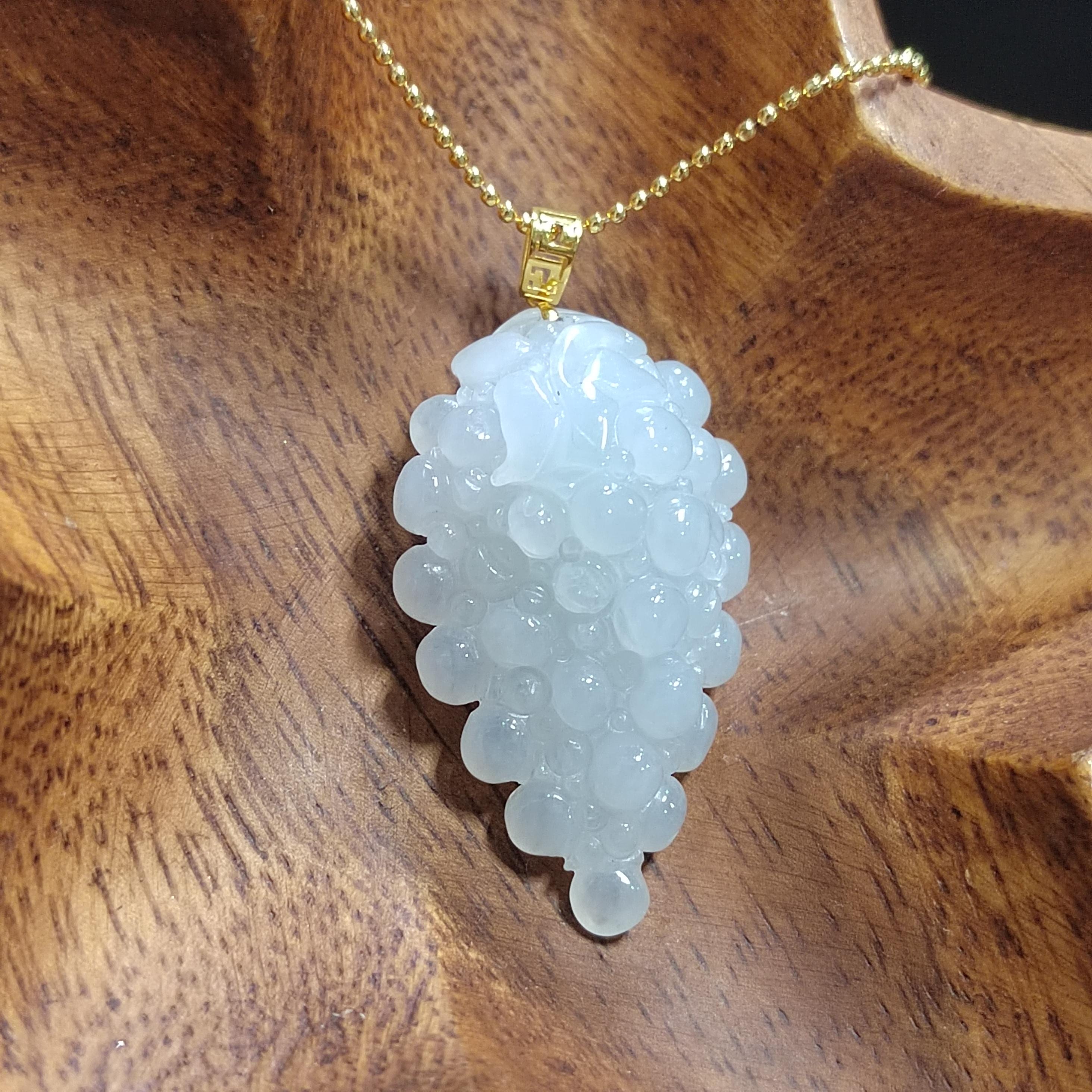 Certified Burmese Gemstone A-Grade White Icy Hand Carved Grape Shape Jadeite Pendant | 18k Solid Yellow Gold Buckle | Gifts For Her SL8020 - SL Precious