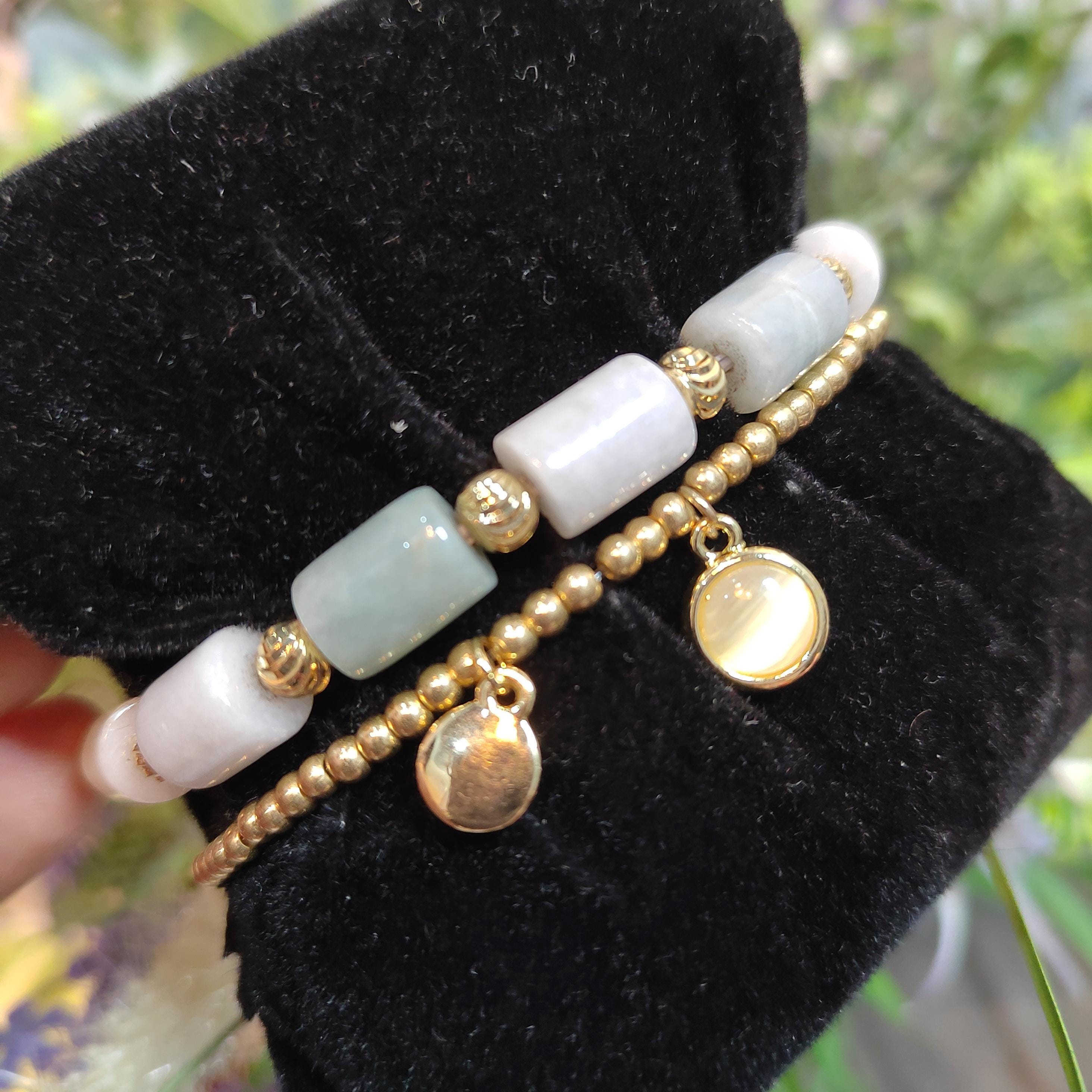 Burmese Natural Untreated Cylinder Beads Jadeite With Gold Plated Bead Bracelet Double Layer Fashion SL161