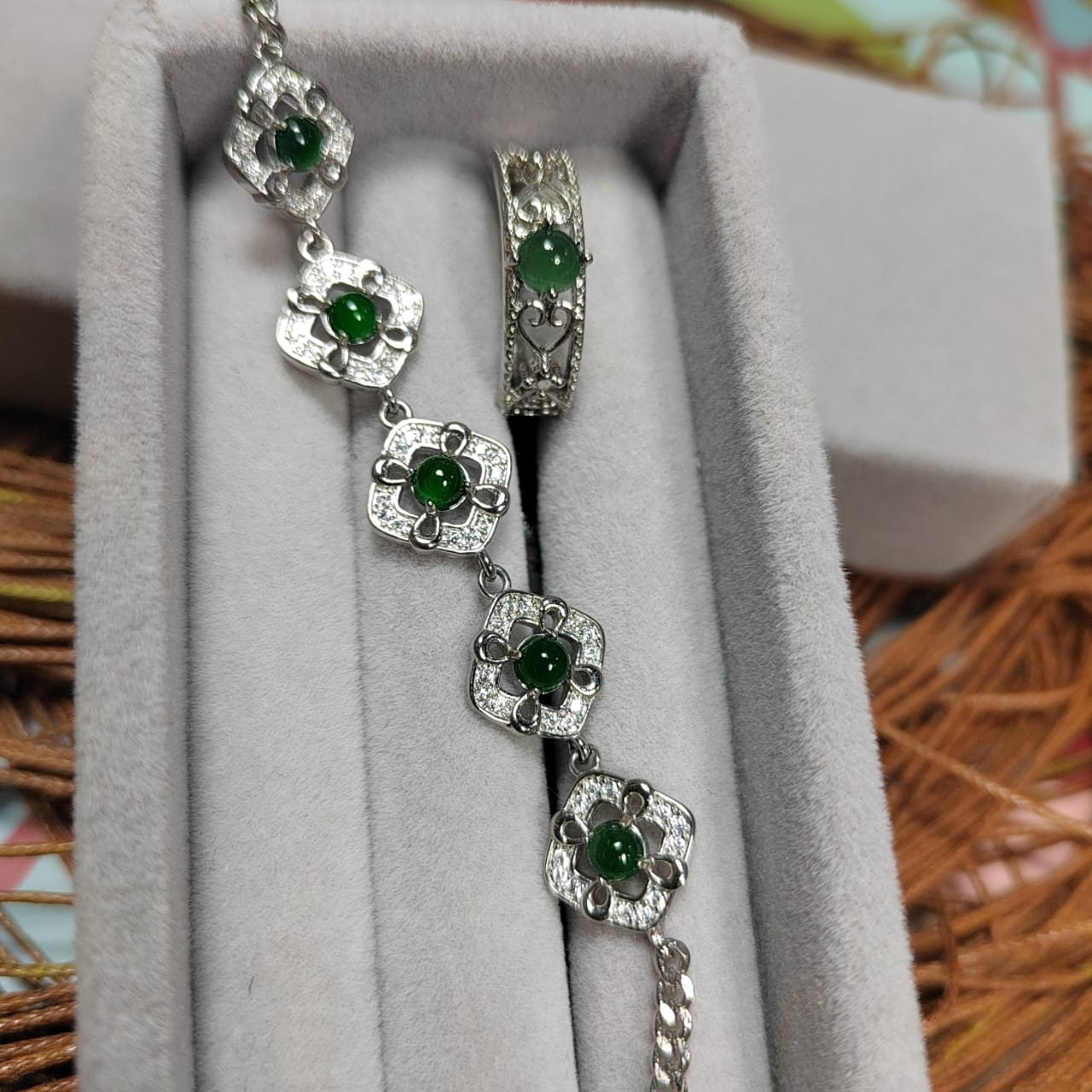 Woodland Dark Green Natural Guatemala Jadeite  Zirconia Silver Ring & Bracelet Set SL034
