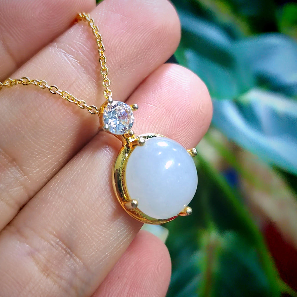 Certified Minimalist Pendant Elegant A-Grade Natural Untreated White Round Jadeite with Zirconia 18K Yellow Gold  Gift for Mom, Wife SL042 - SL Precious
