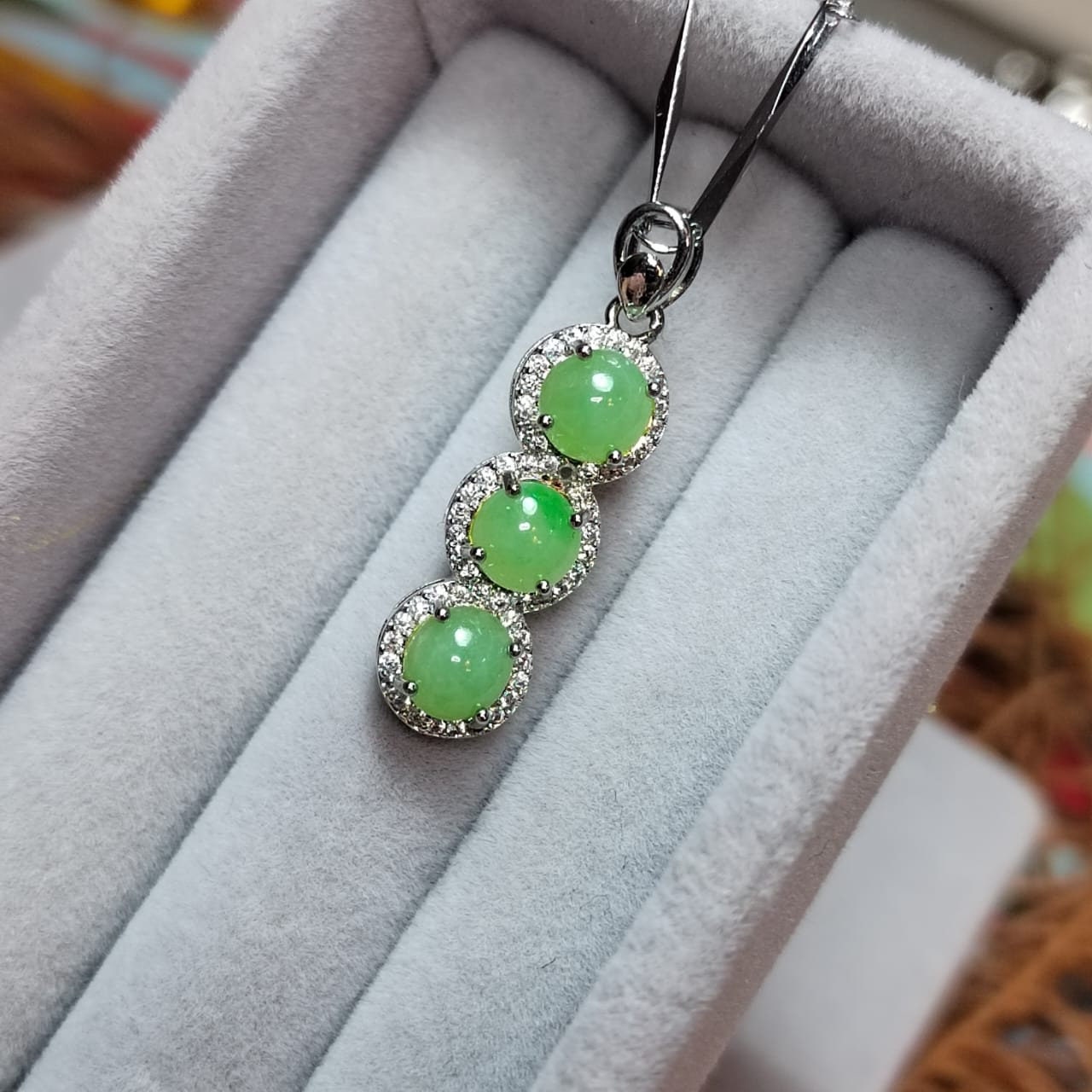 Burmese Jadeite Pendant on 925 Silver Chain - Glowing Trinity Design with Zirconia Accent SL038