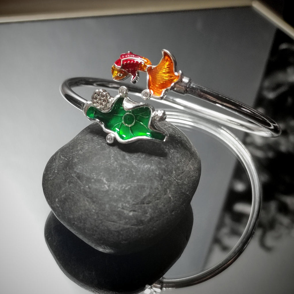 S9999 Silver Filled Vermeil Beautiful Lotus Leaf and Fortune Gold Fish Design With Zircon Set Adjustable Bracelet SL235