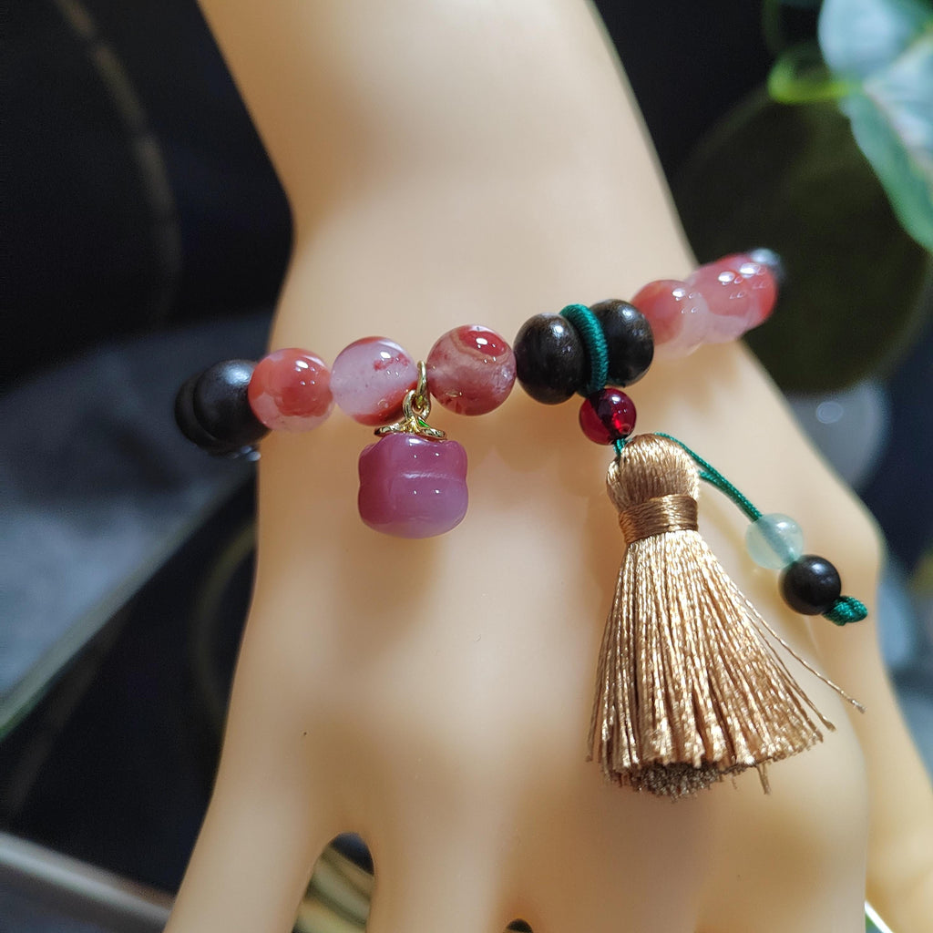 Certified Natural South Red Agate & Ebony Wood Twin Bracelet Set | Bodhi Seed Accents | 沉贵宝| 999 Silver Filled Vermeil SL392