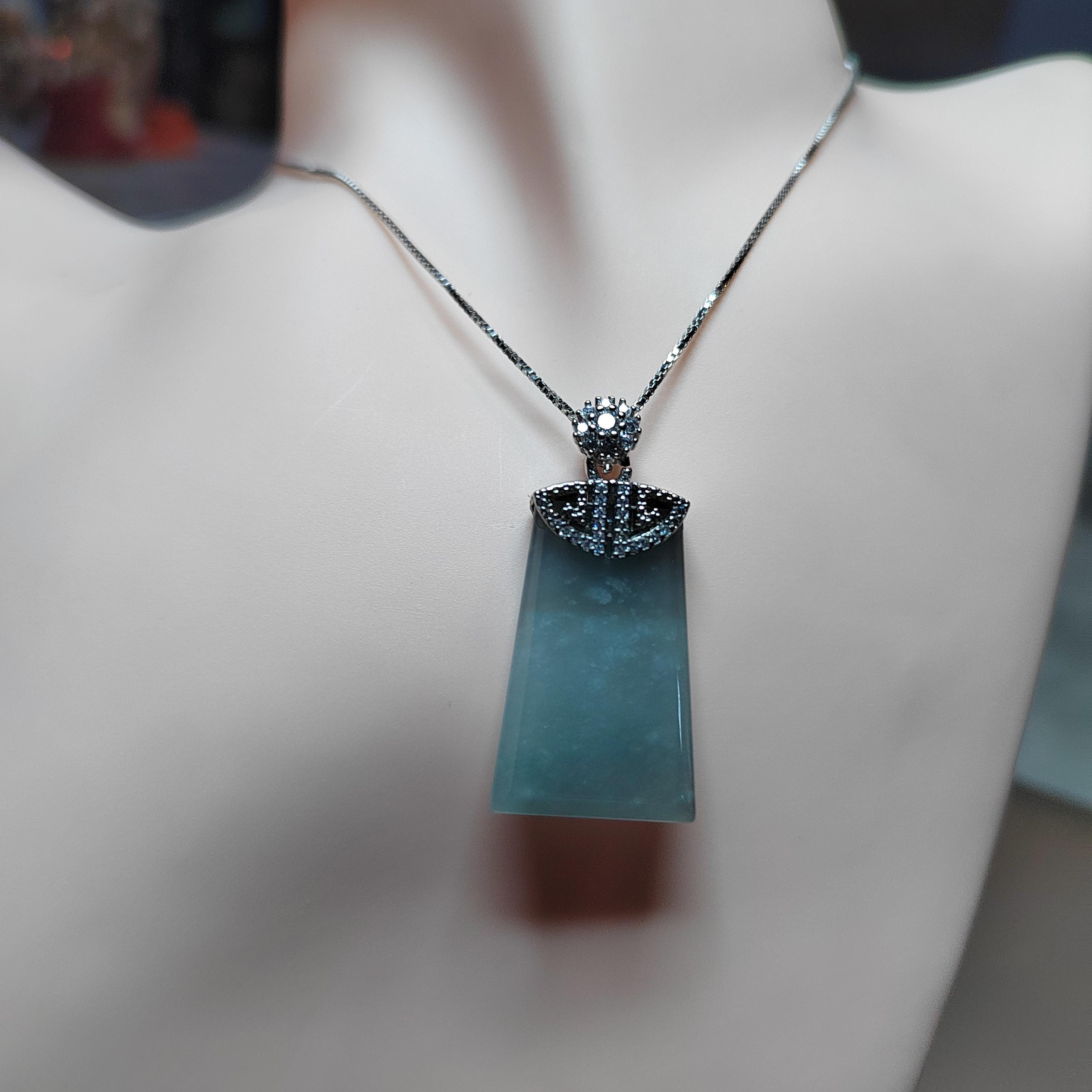 Guatemala Icy White Green Blue Sky Trapezoid Jadeite Pendant | A-Grade Natural | Women & Men | Zirconia Accents SL041 - SL Precious
