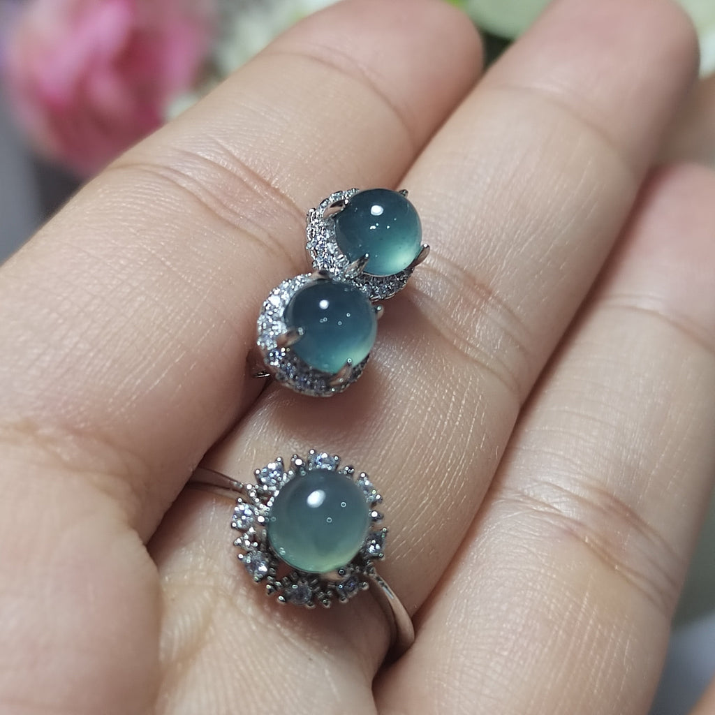 Round Ocean Blue 2pcs Set Earring & Ring Light Bump A Grade Natural Gemstone  Guatemala Jadeite For Her Minimalist SL075 - SL Precious