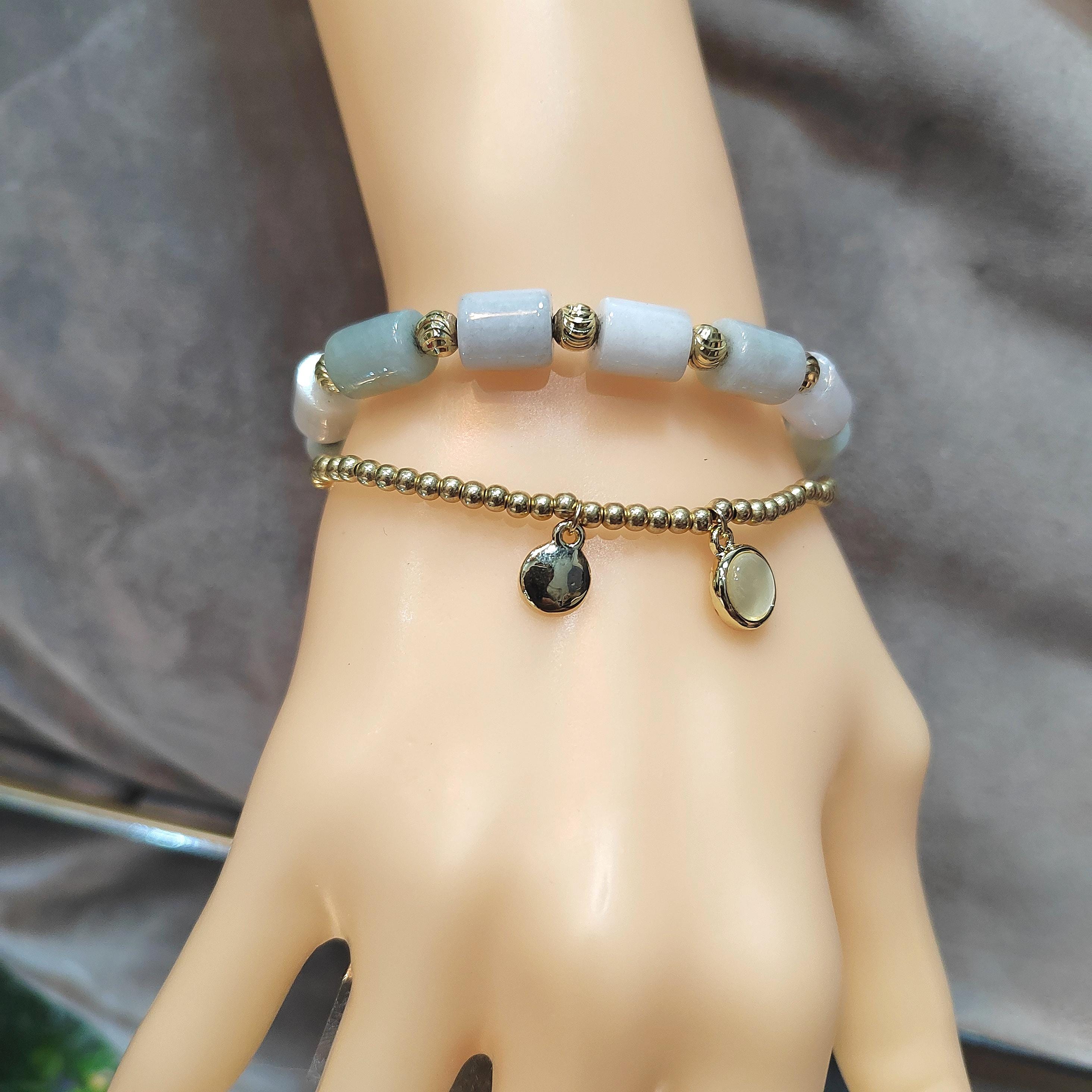 Burmese Natural Untreated Cylinder Beads Jadeite With Gold Plated Bead Bracelet Double Layer Fashion SL161