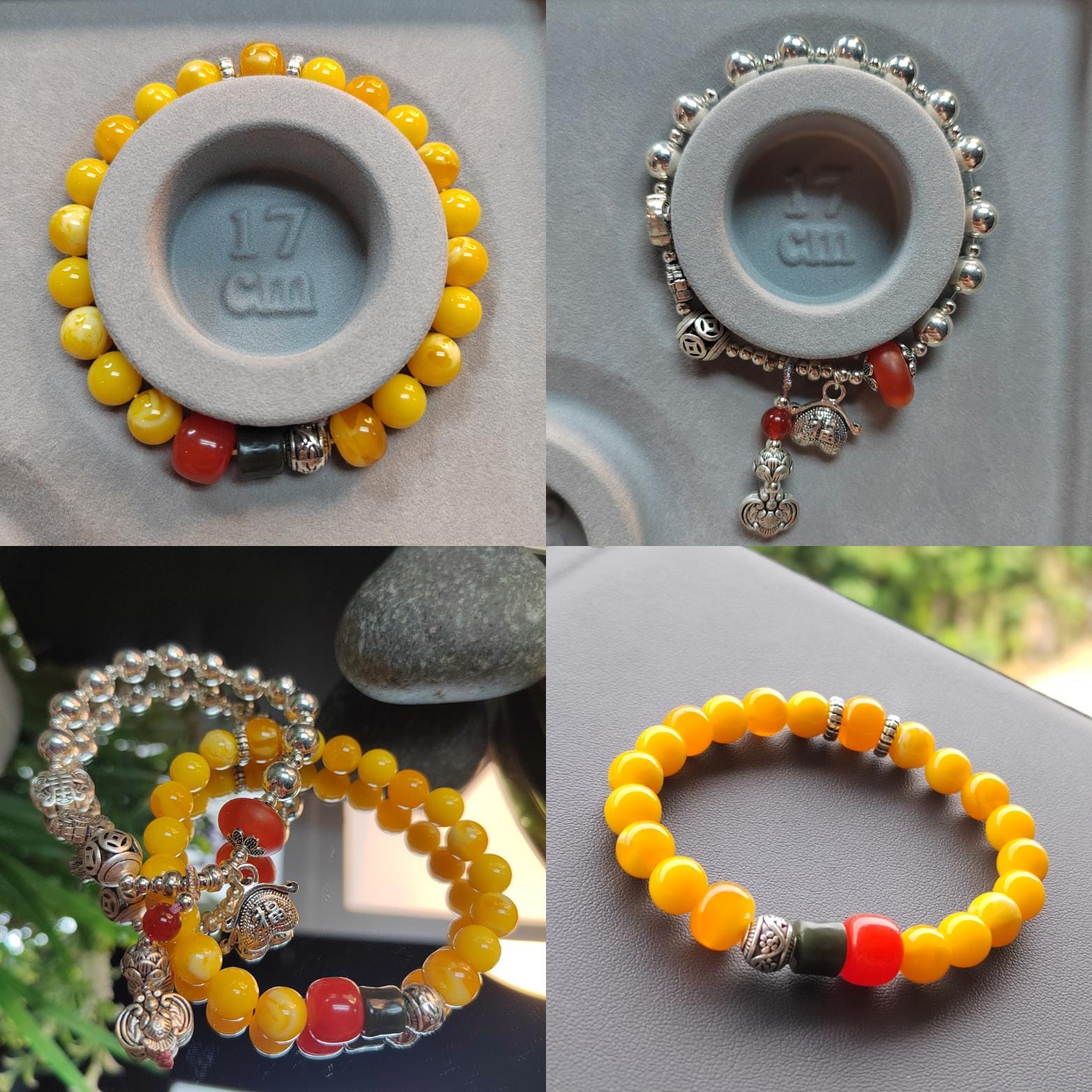 Handmade Russia Baltic Beeswax Amber Bead Bracelet with Nanhong Agate S999 Silver Bead Bracelet 2pcs Set SL344 - SL Precious