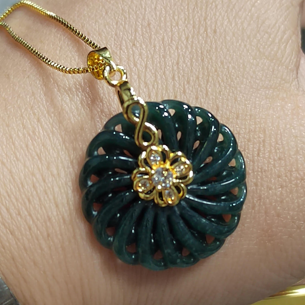 Hand Carved Guatemala Round Flower Lucky Spin Dark Green Natural Untreated Jadeite Pendant SL076 - SL Precious