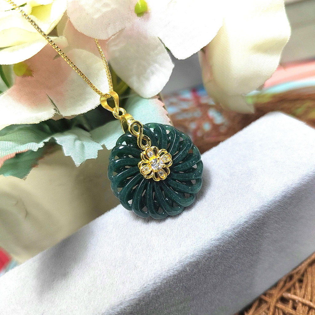 Hand Carved Guatemala Round Flower Lucky Spin Dark Green Natural Untreated Jadeite Pendant SL076 - SL Precious