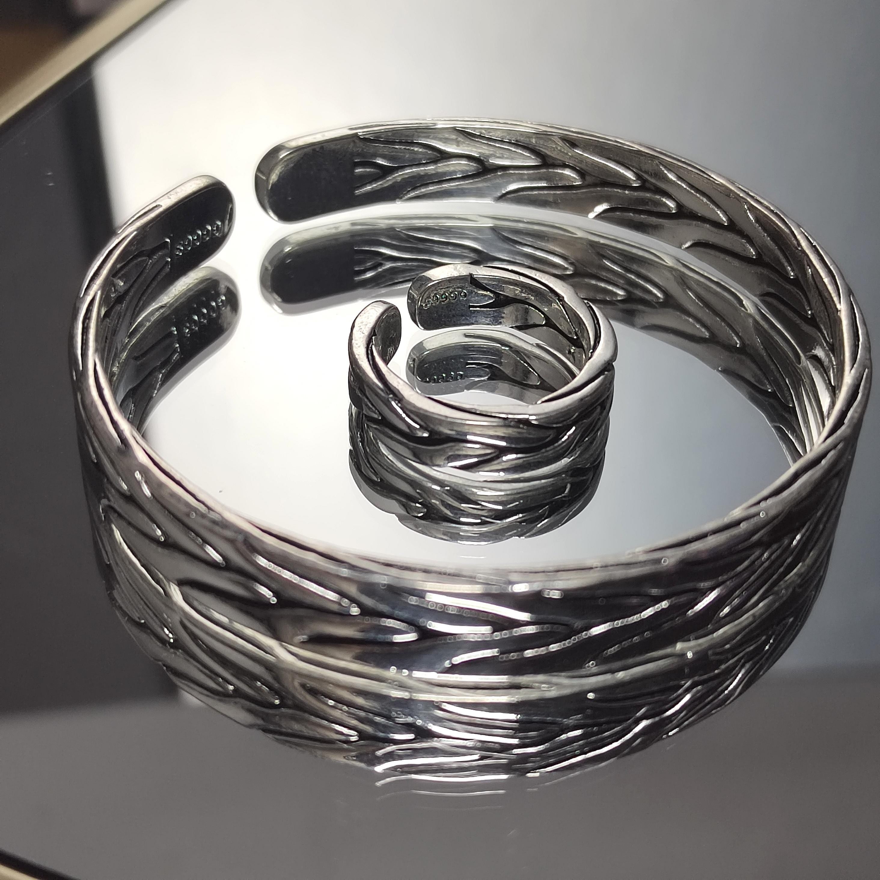 Elegant Unisex 2pcs S9999 Silver Filled Vermeil Ring & Bangle Set | Thai Trend Fashion Jewelry SL236