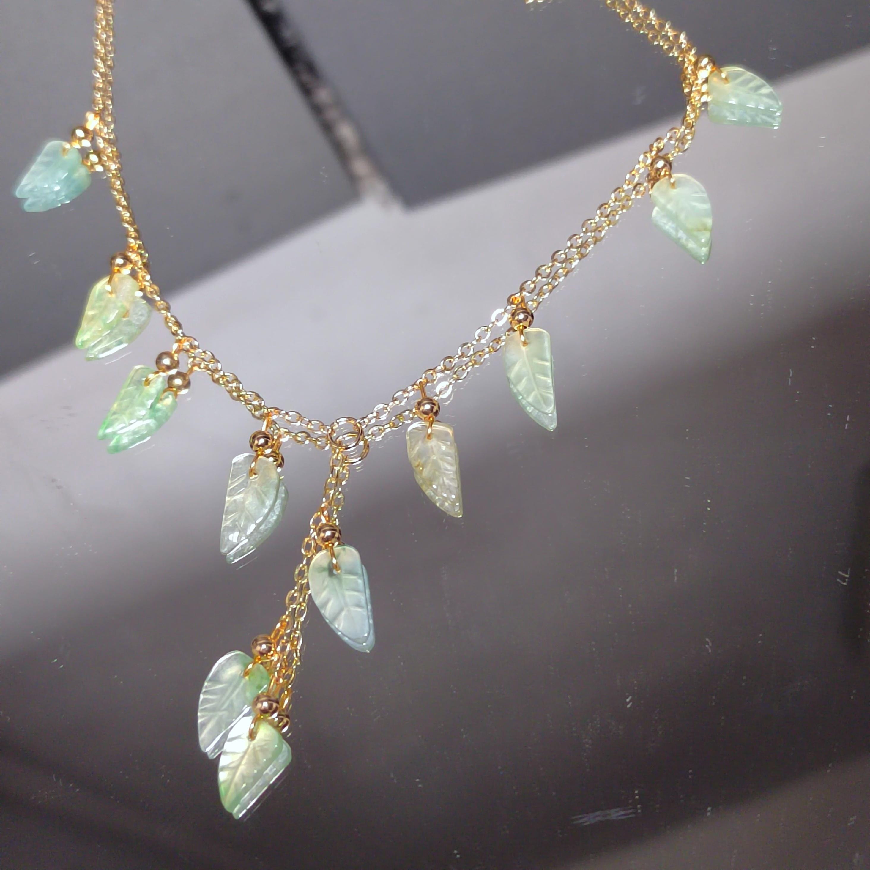 Certified A-Grade Natural Untreated Burmese Leaf Carved 14k GF Set V Shape Drop Design Necklaces | Any Occasion | For Her SL291