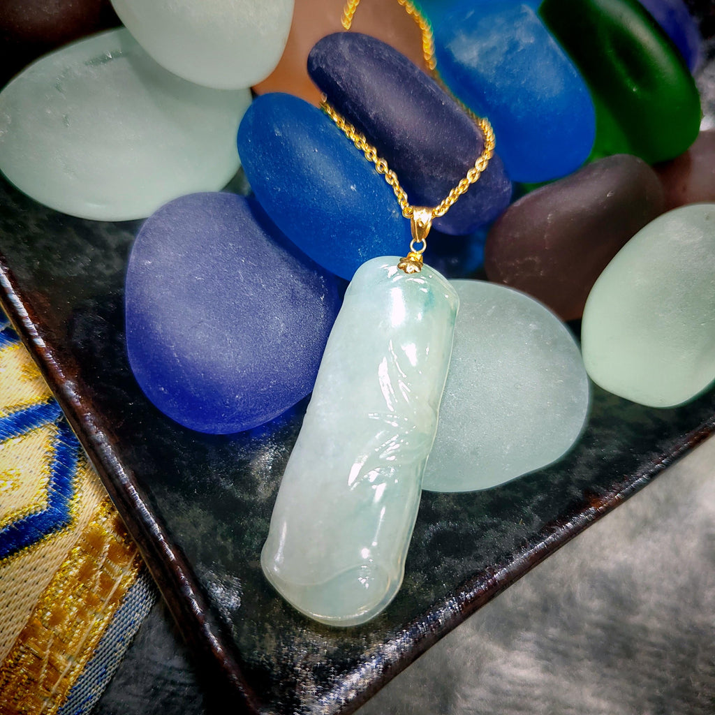 Certified Burmese Natural Gemstone A-Grade Hand Carved Bamboo Jadeite 竹竿 - 步步高升 18k Solid Gold Jewelry for Women Mom SL8018 - SL Precious