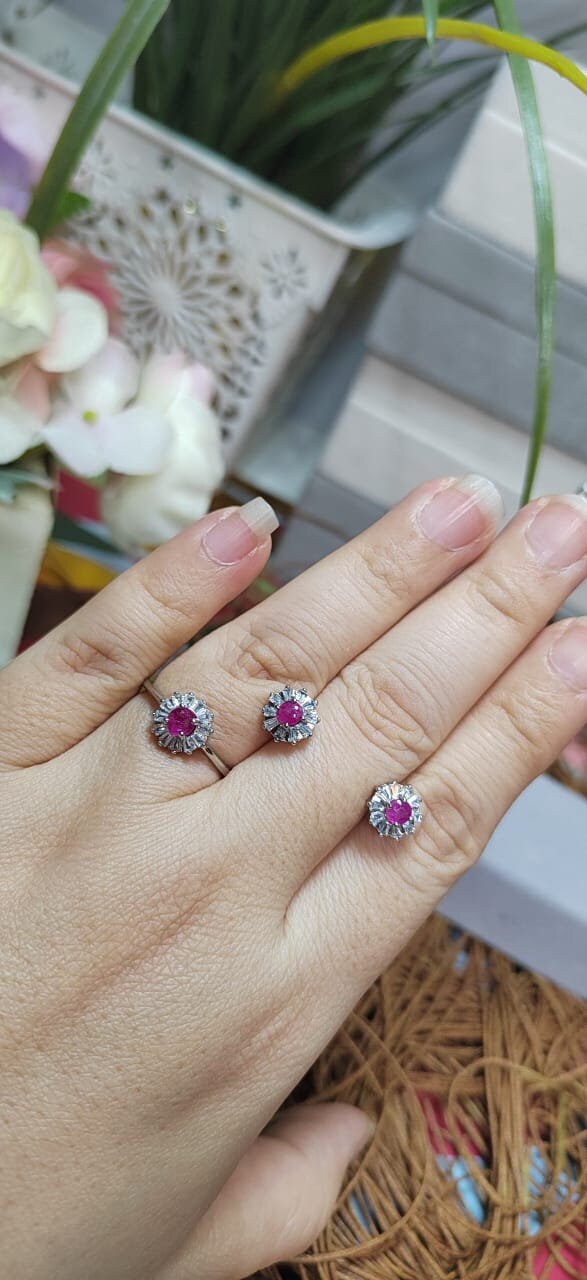 Untreated Natural Mogok Burmese Ruby with Zirconia Accent S925 Silver Earring & Ring Set SL055