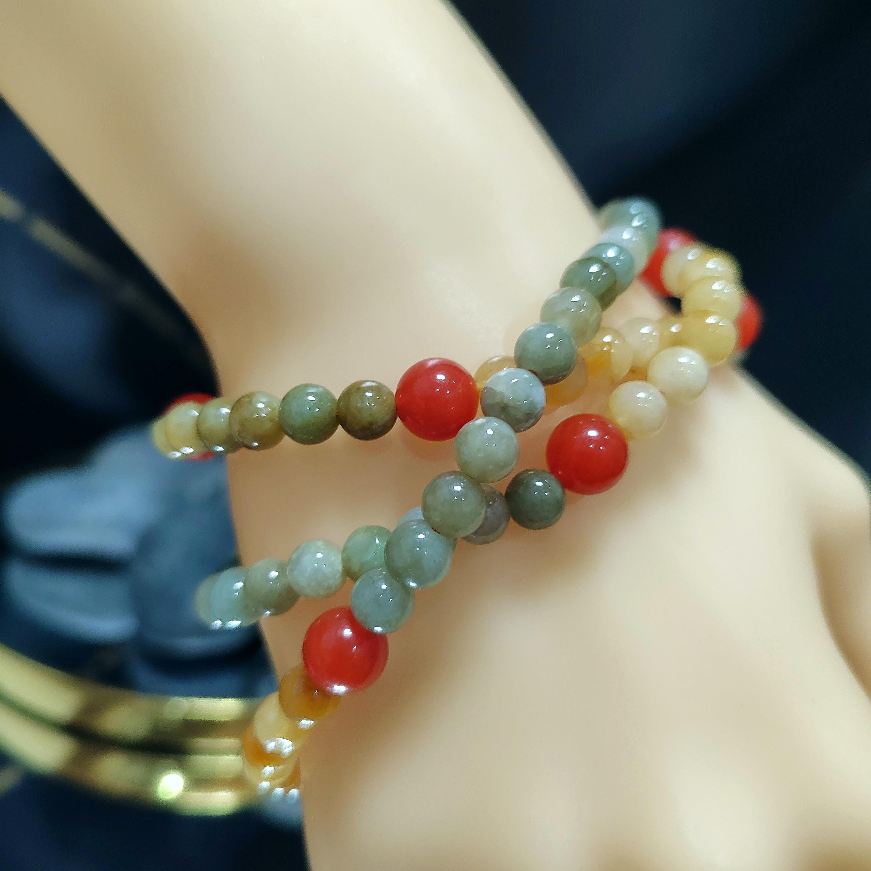 Natural Untreated Handmade Burmese Icy Yellow|Green Jadeite - Southern Yunna Baoshan Nanhong Cherry Red Bead Necklace SL363