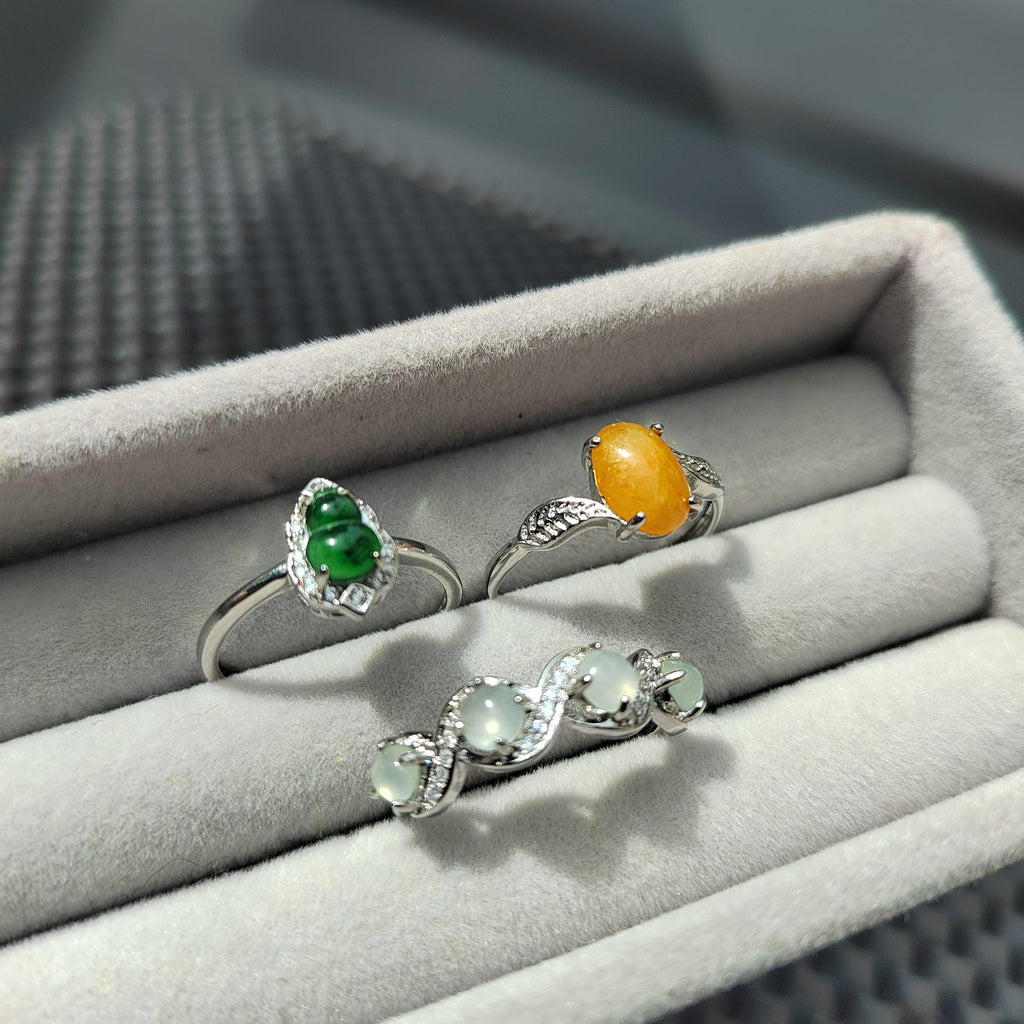 3pcs Natural Untreated Burmese Jadeite Ring Set | Imperial Green, Honey Yellow, Icy White | S925 Silver | No Cert | SL406