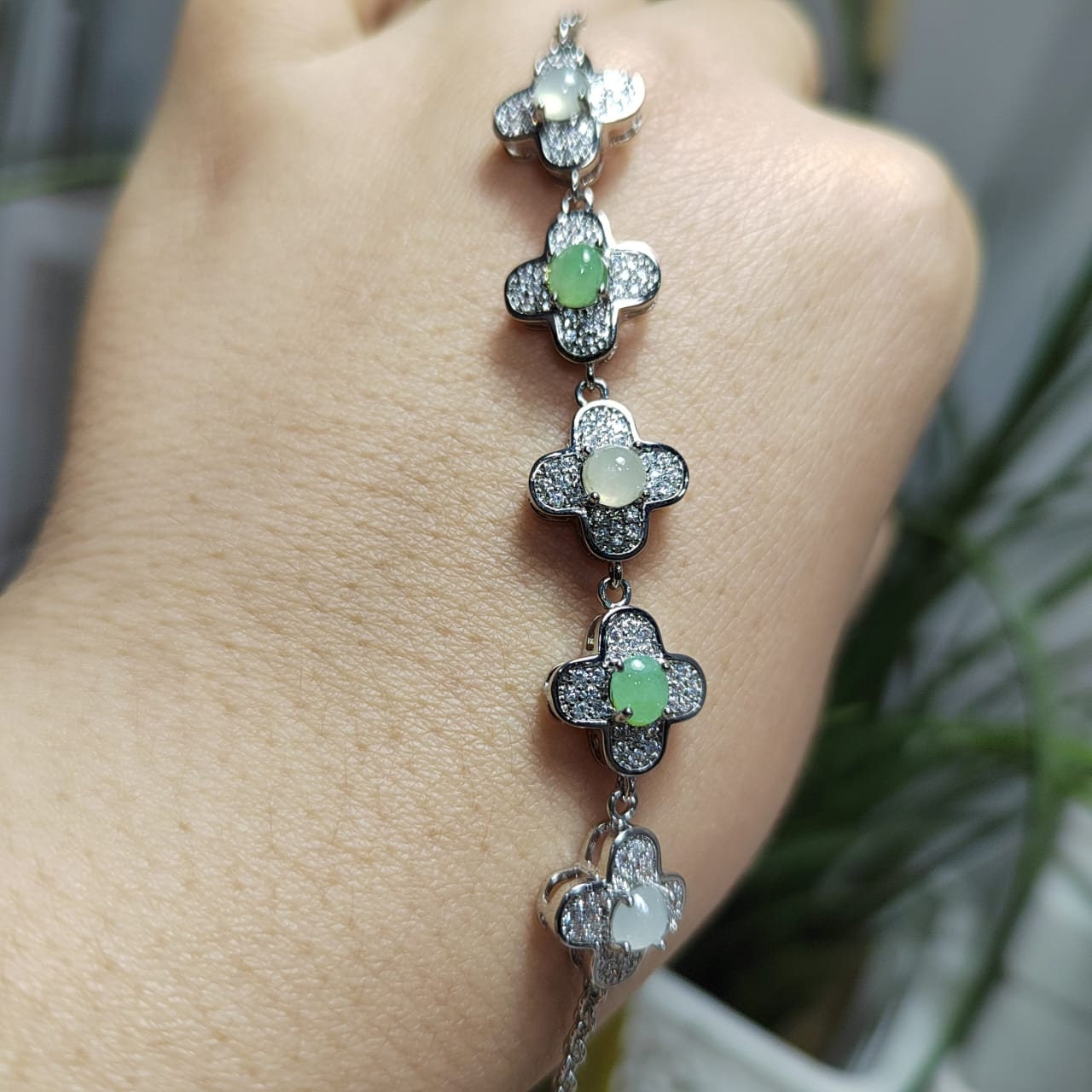 Certified A-Grade Lucky Flower Burmese Gemstone White/Apple Green Jadeite with Zirconia S925 Silver Bracelet | For Her Gifts,Occasions SL032