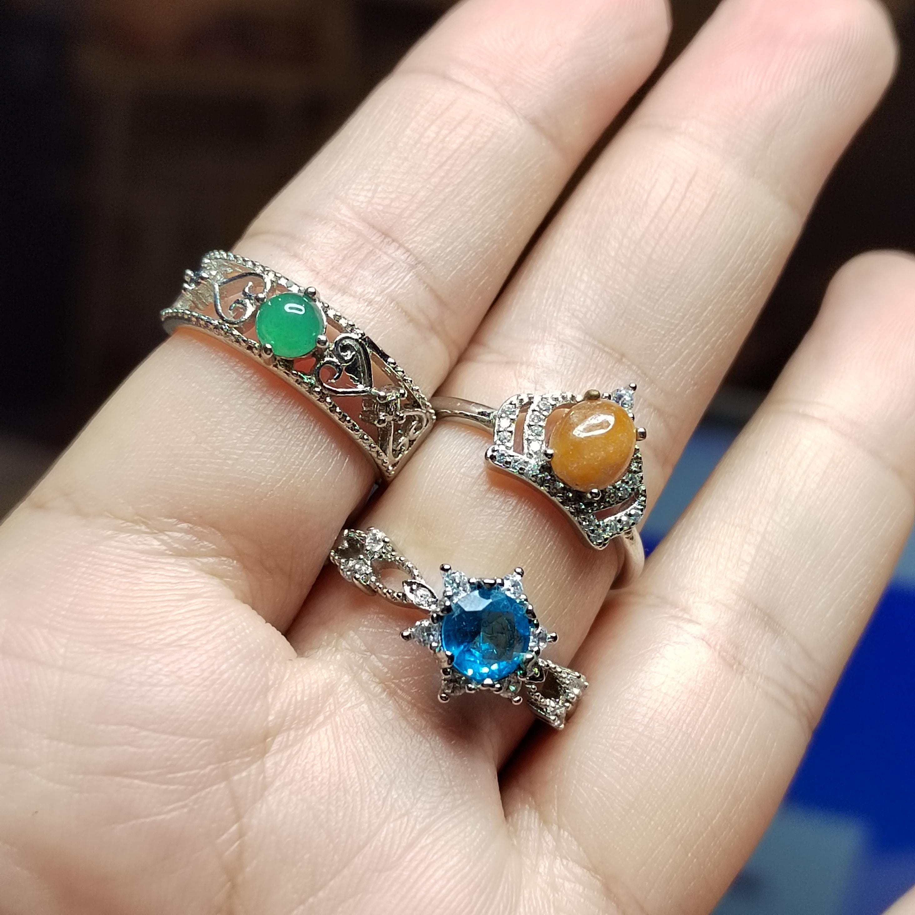 Natural Jadeite & Light Blue Topaz Ring Set | Yellow, Green, Sky Blue Stones | Gold Plated Brass | Gift Ready SL410 - SL Precious