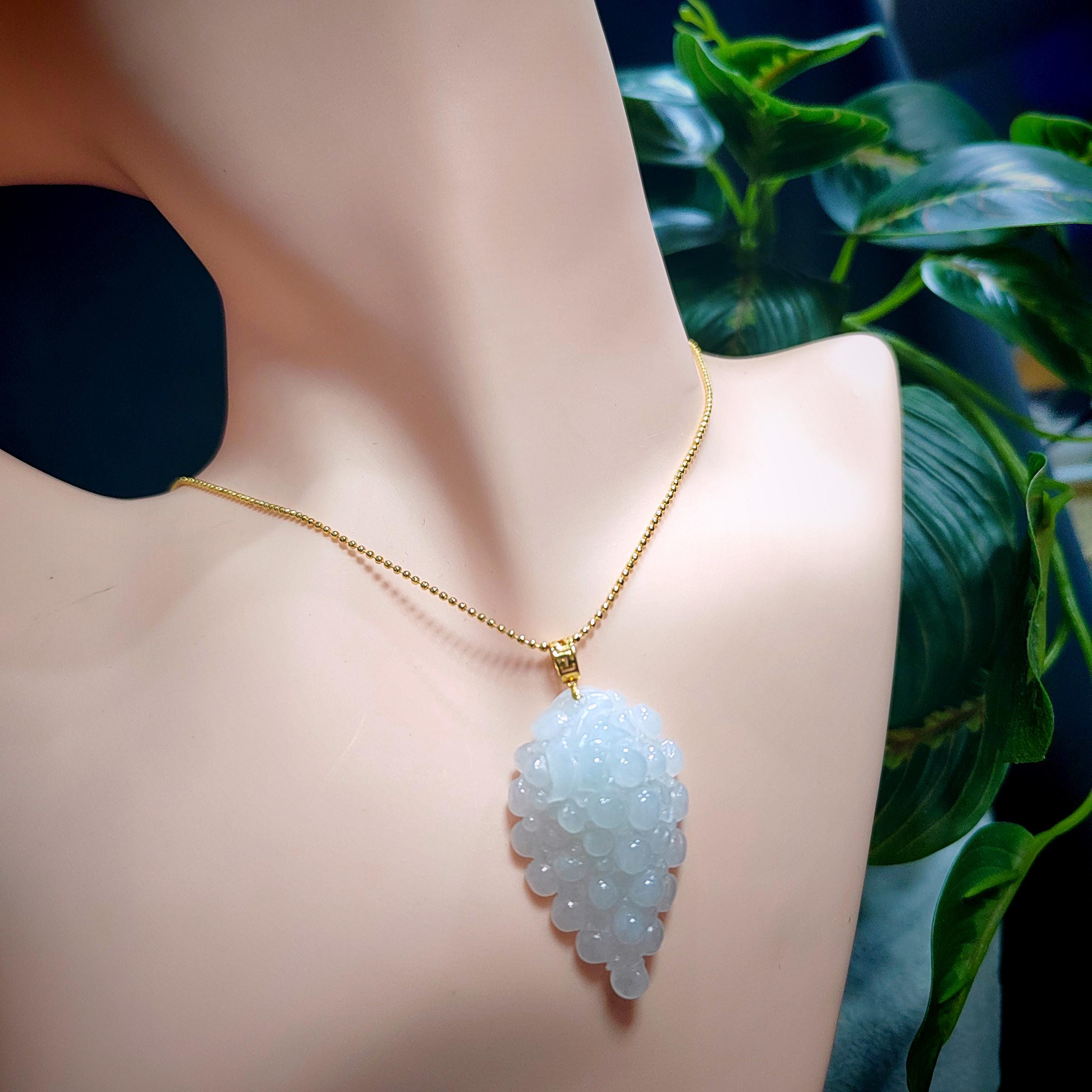Certified Burmese Gemstone A-Grade White Icy Hand Carved Grape Shape Jadeite Pendant | 18k Solid Yellow Gold Buckle | Gifts For Her SL8020 - SL Precious