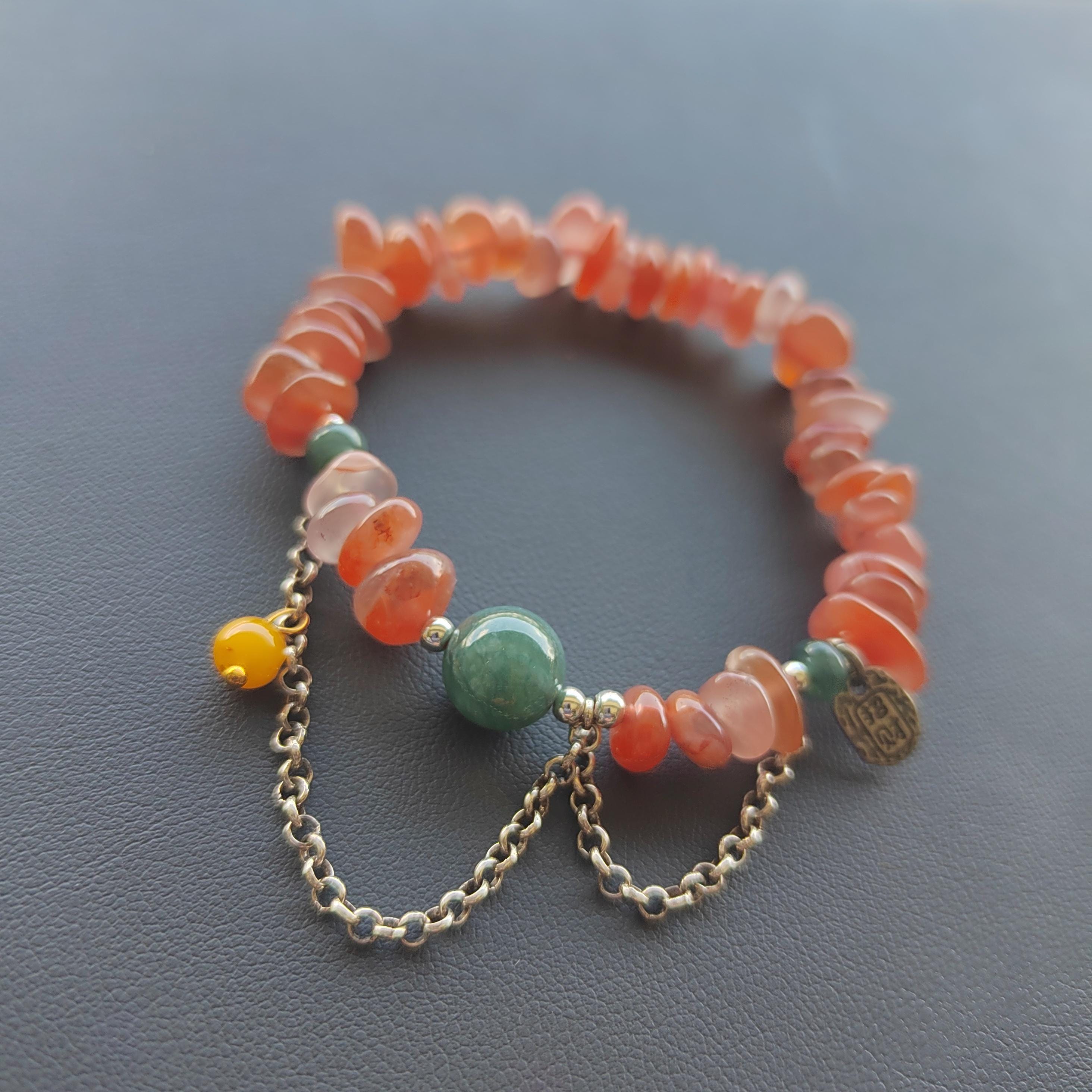 Natural Handmade China Icy Uneven Cut Orange Red Nanhong Agate, Beeswax Amber & Burmese Jadeite Bead Bracelet Jewelry SL326