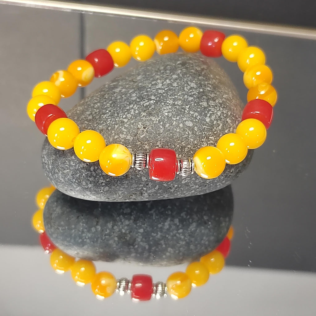 Natural Handmade Russian Baltic Beeswax Amber & China Southern Nanhong Agate S999 Pure Silver Bead Bracelet - Gifts for Her SL328
