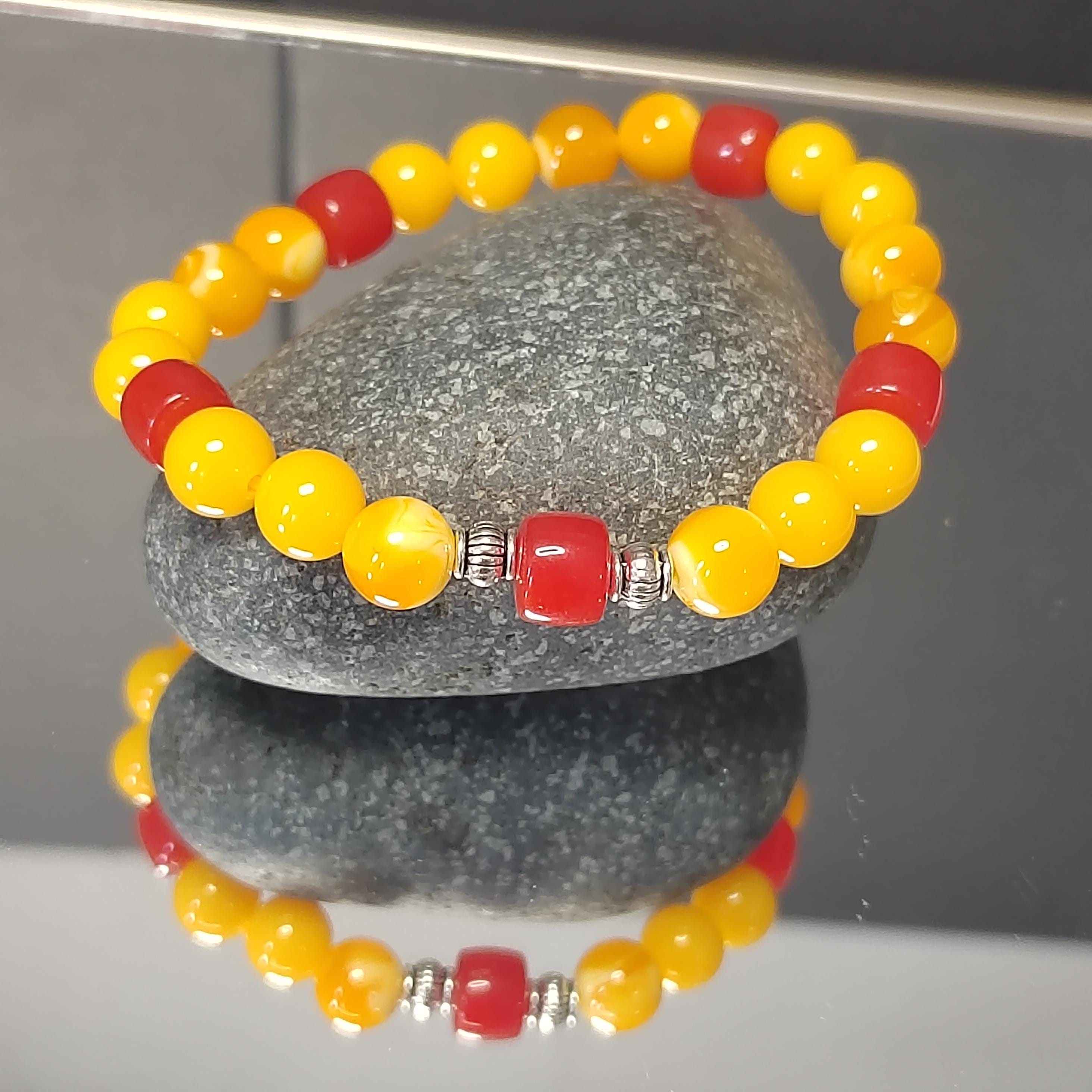 Natural Handmade Russian Baltic Beeswax Amber & China Southern Nanhong Agate S999 Pure Silver Bead Bracelet - Gifts for Her SL328