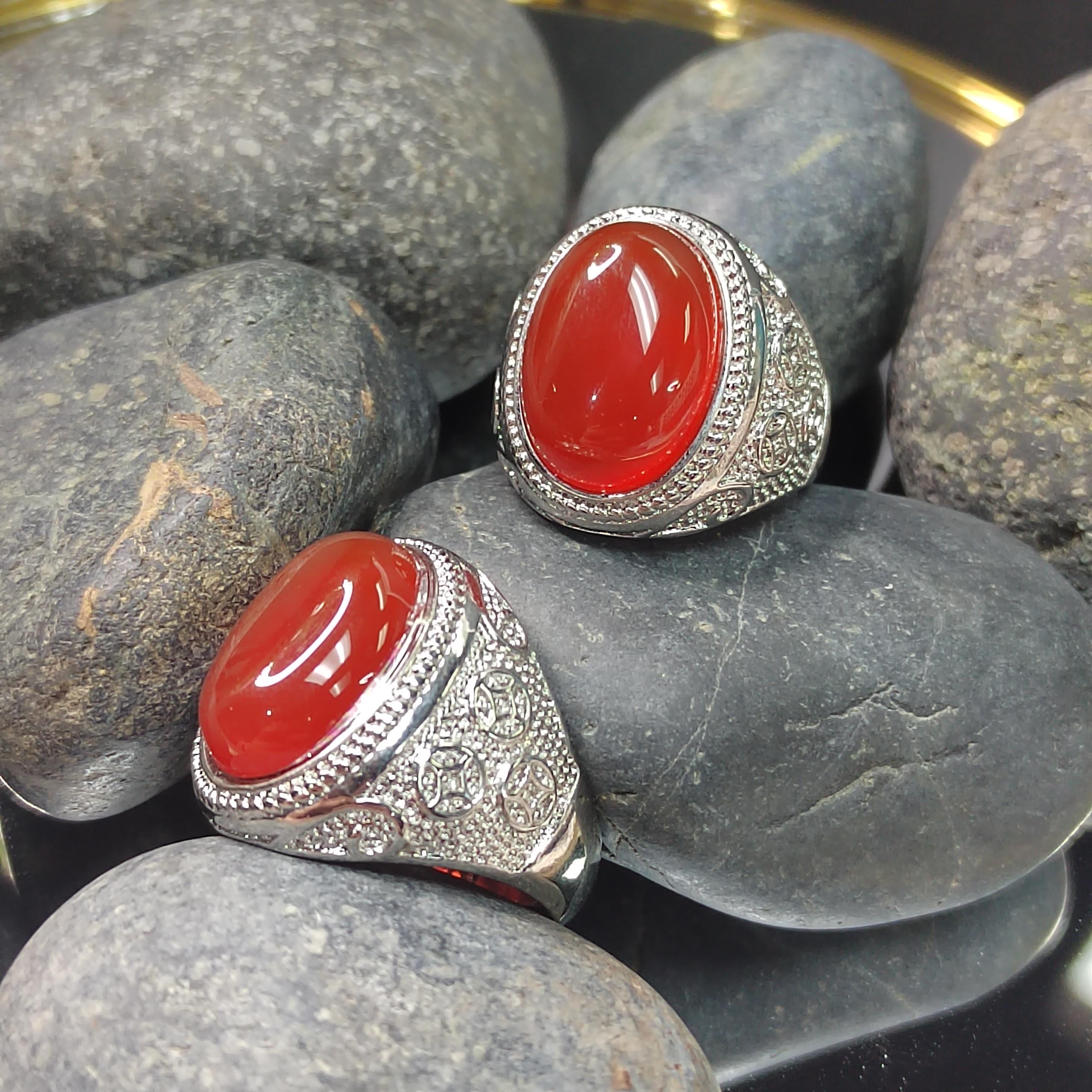 Natural Baoshan Nanhong Icy Red Agate Large Men’s Ring | Adjustable | Rare Collector’s Gemstone | 18K White Gold Plated SL361
