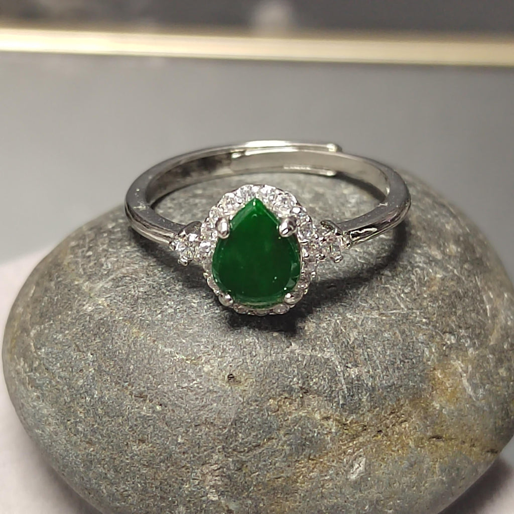 Certified A-Grade Natural Untreated Burmese Elegant Tear Drops Imperial Green With Zircon Set S925 Sterling Silver Jadeite Ring SL243X2 - SL Precious