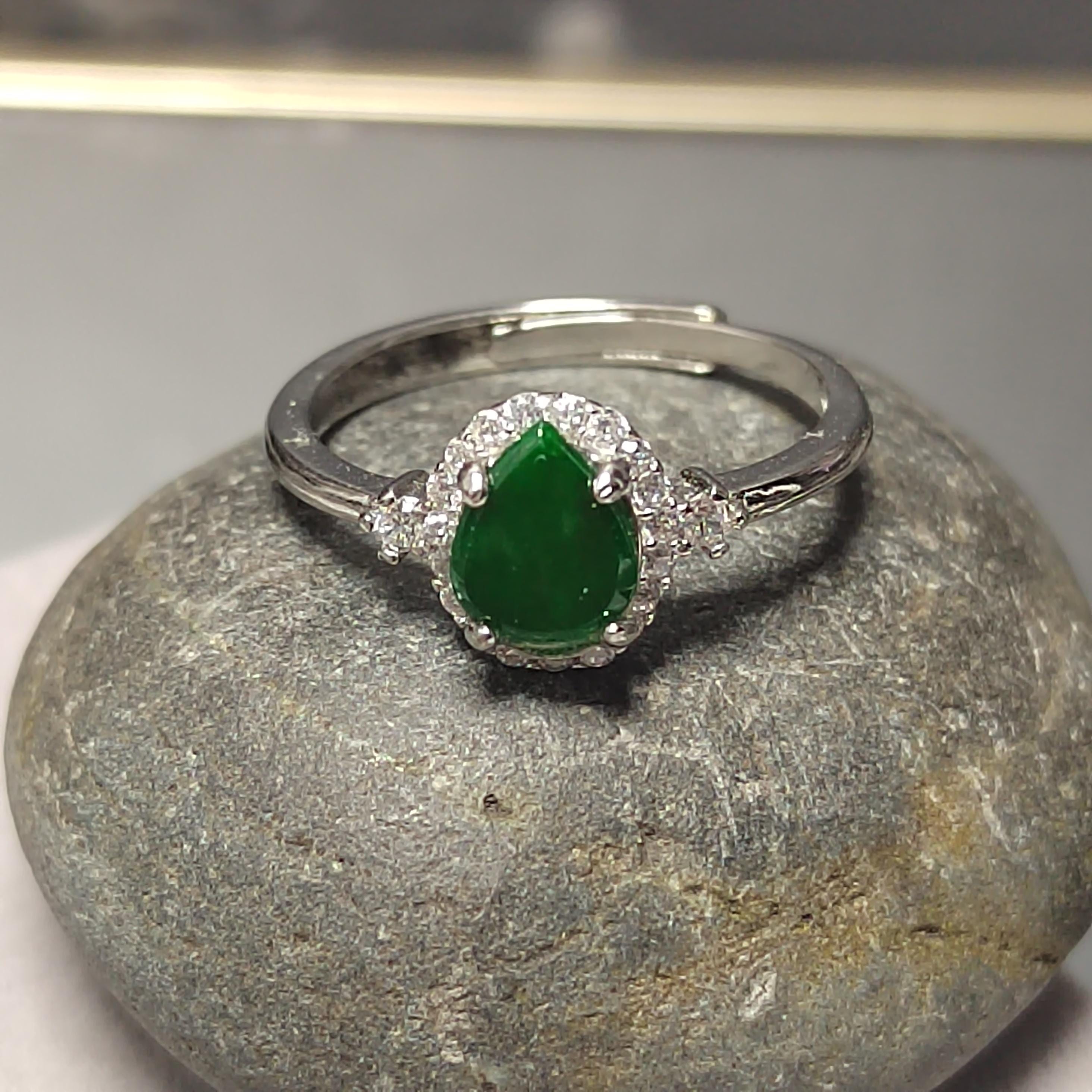 Certified A-Grade Natural Untreated Burmese Elegant Tear Drops Imperial Green With Zircon Set S925 Sterling Silver Jadeite Ring SL243X2 - SL Precious