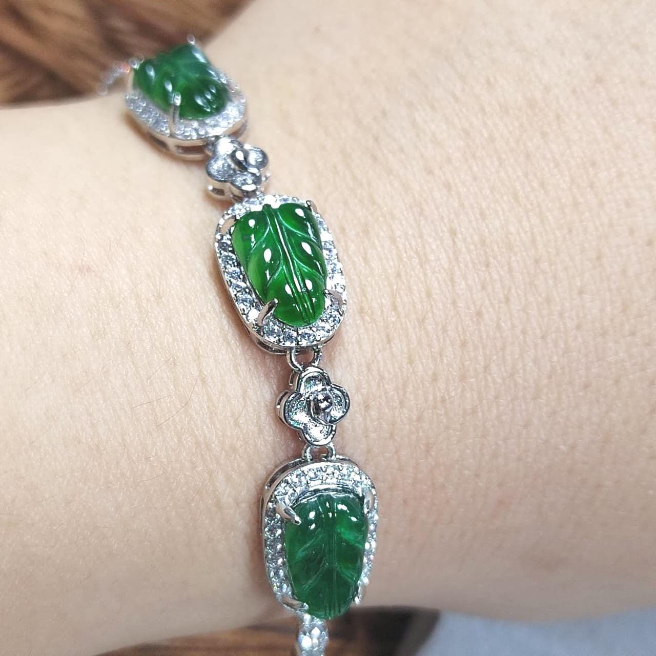 Luxury 2pcs Set A-Grade Imperial Green Guatemalan Leaf Jadeite 925 Silver Ring & Bracelet, Elegant Gift for Her SL033 - SL Precious
