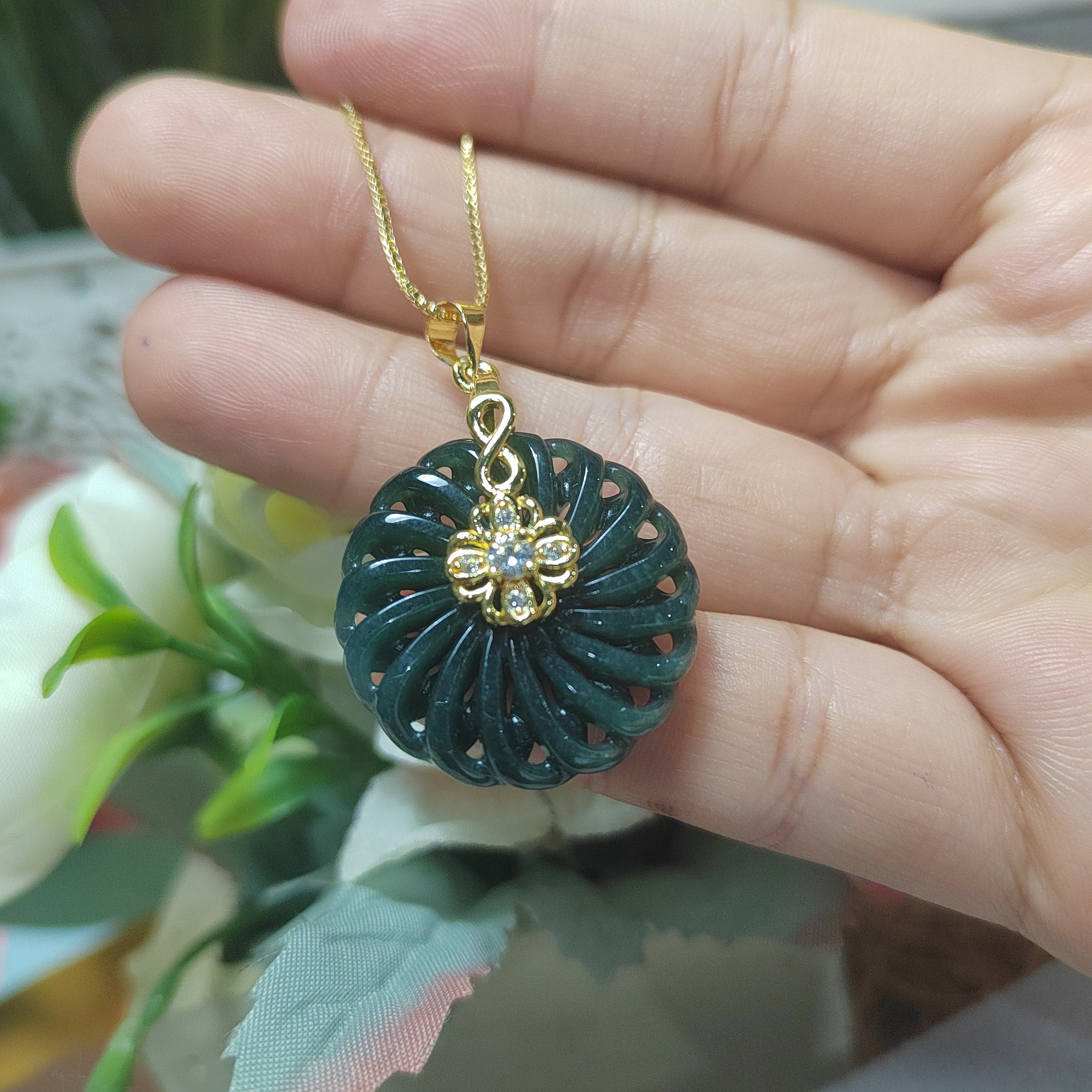 Hand Carved Guatemala Round Flower Lucky Spin Dark Green Natural Untreated Jadeite Pendant SL076 - SL Precious