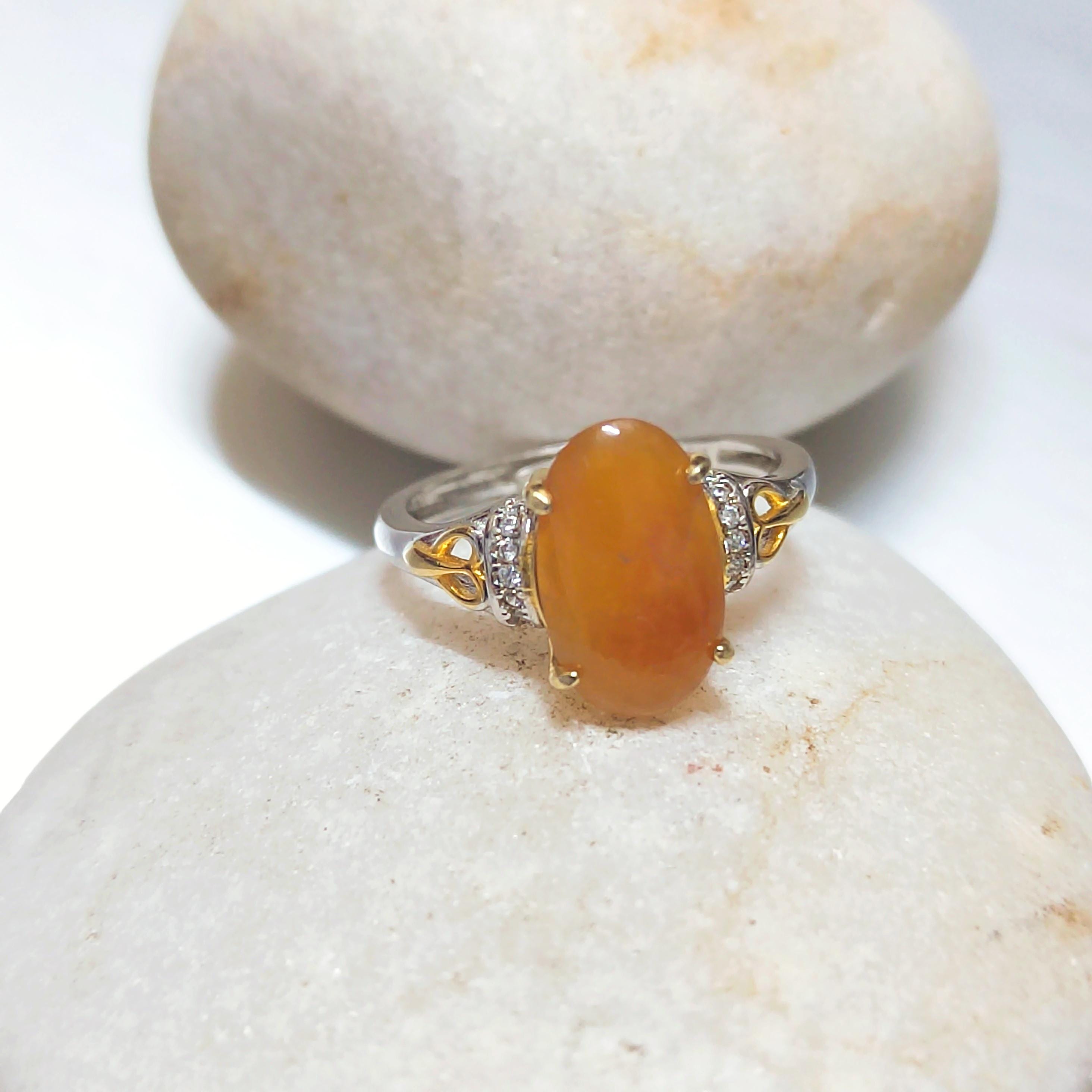 Burmese Certified A-Grade Natural Untreated Icy Yellow Oval Shape Jadeite Zircon S925 2 Tone White & Gold Plated Ring SL254X13
