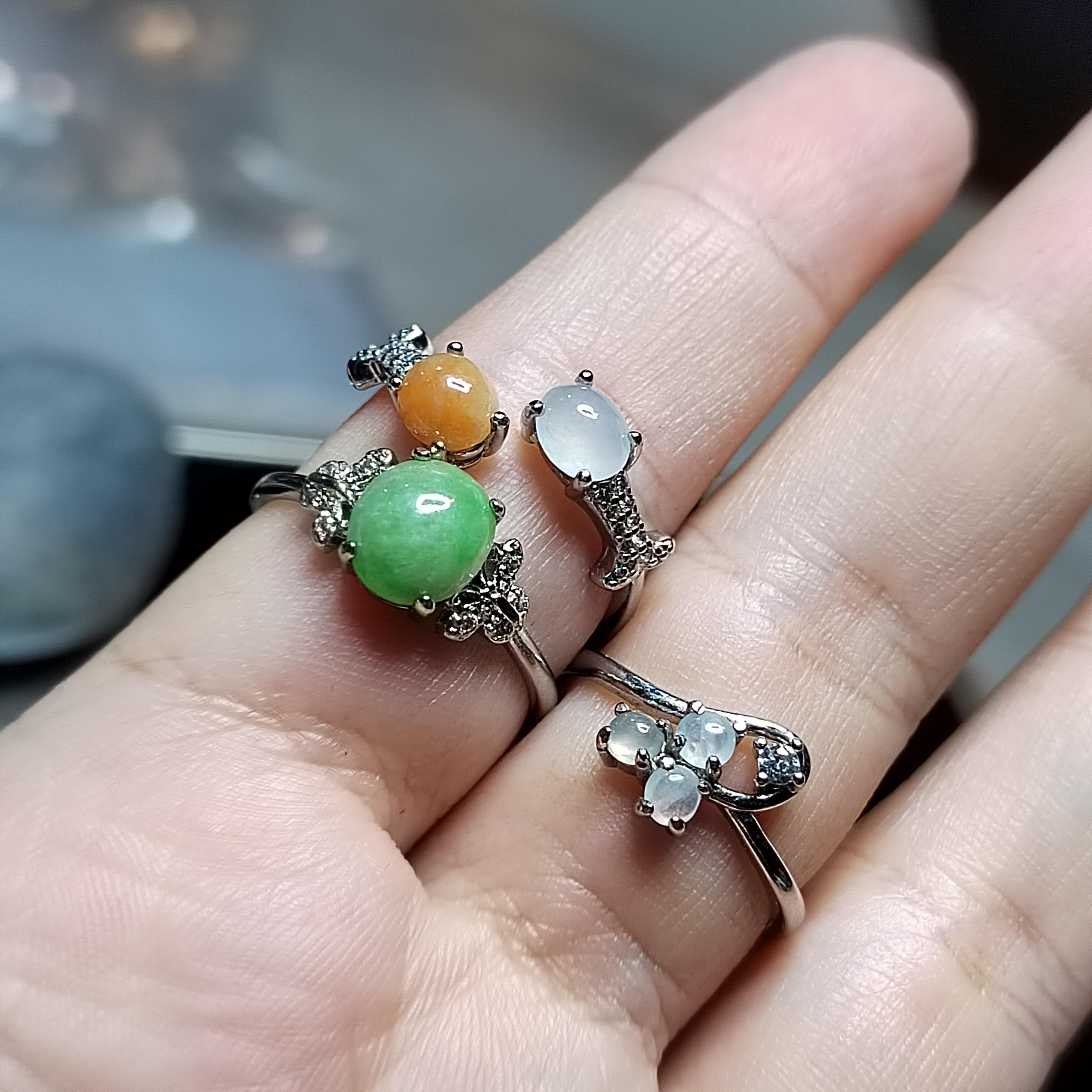 3pcs Set Natural Untreated Burmese Jadeite Rings | Imperial Green Orange Icy White | S925 Silver | Free Shipping SL407