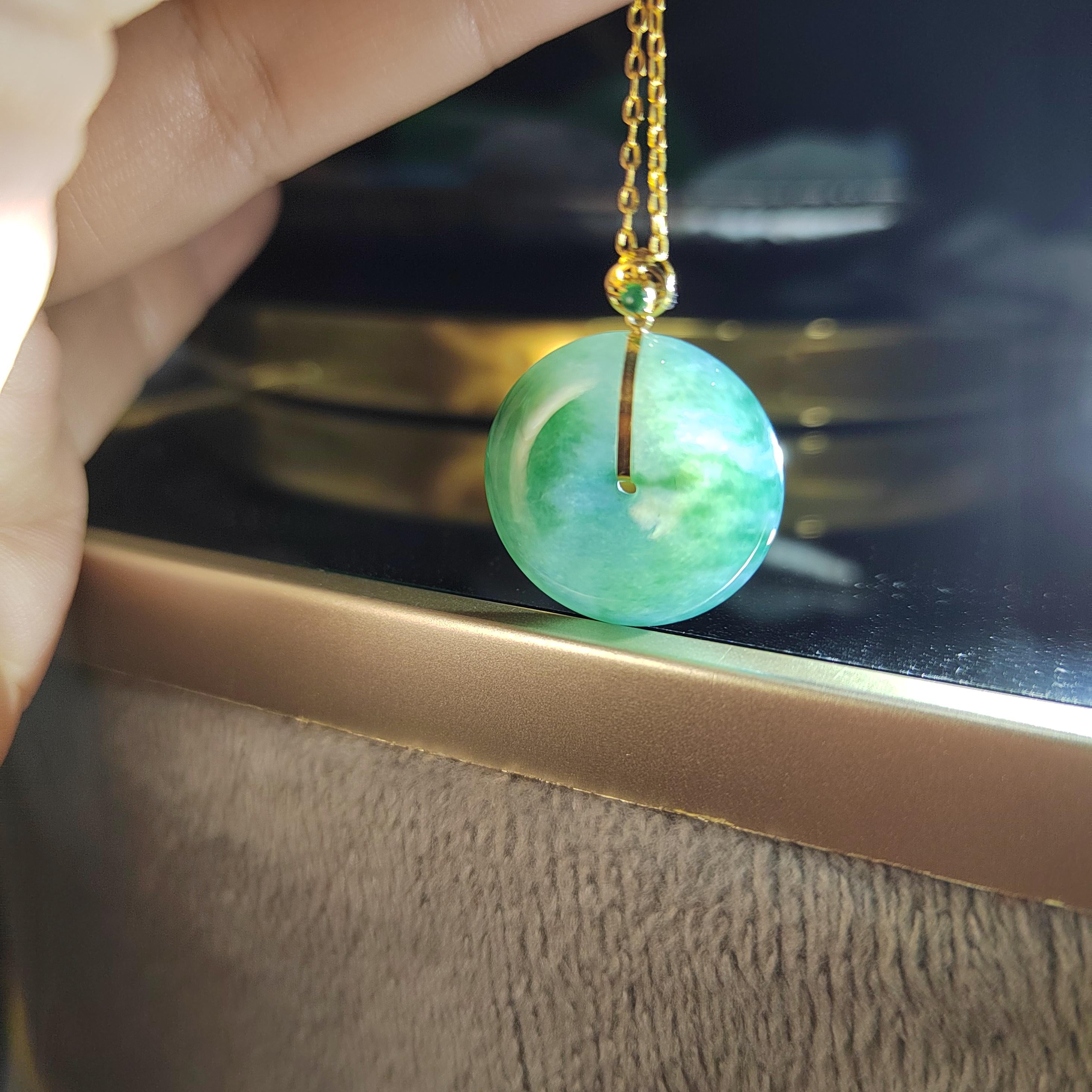 Certified A-Grade Natural Untreated Burmese Dynasty Design Icy Floral Green Donut Jadeite Pendant 冰飘花 G18K SL375