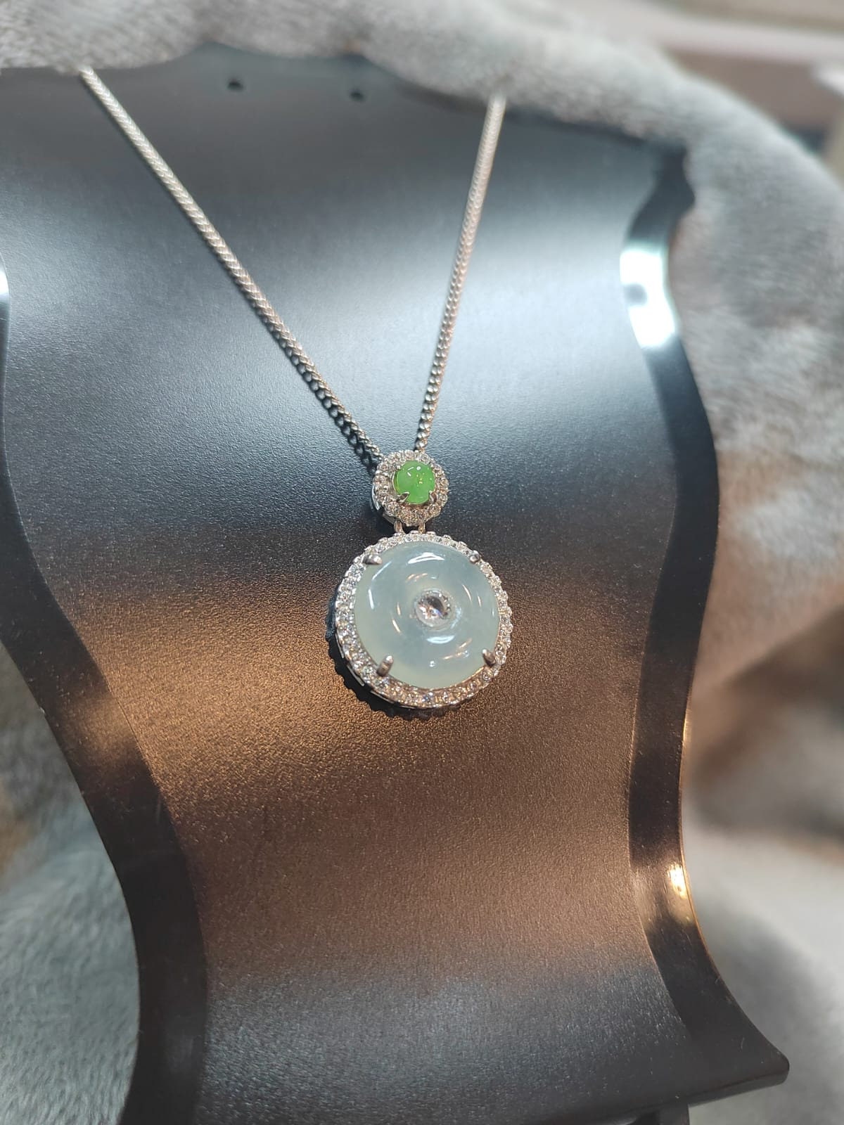 Certified A-Grade Icy White Green Burmese Jadeite Donut Shape Pendant Zirconia on 925 Silver Chain | Minimalist Design | For Her SL8007