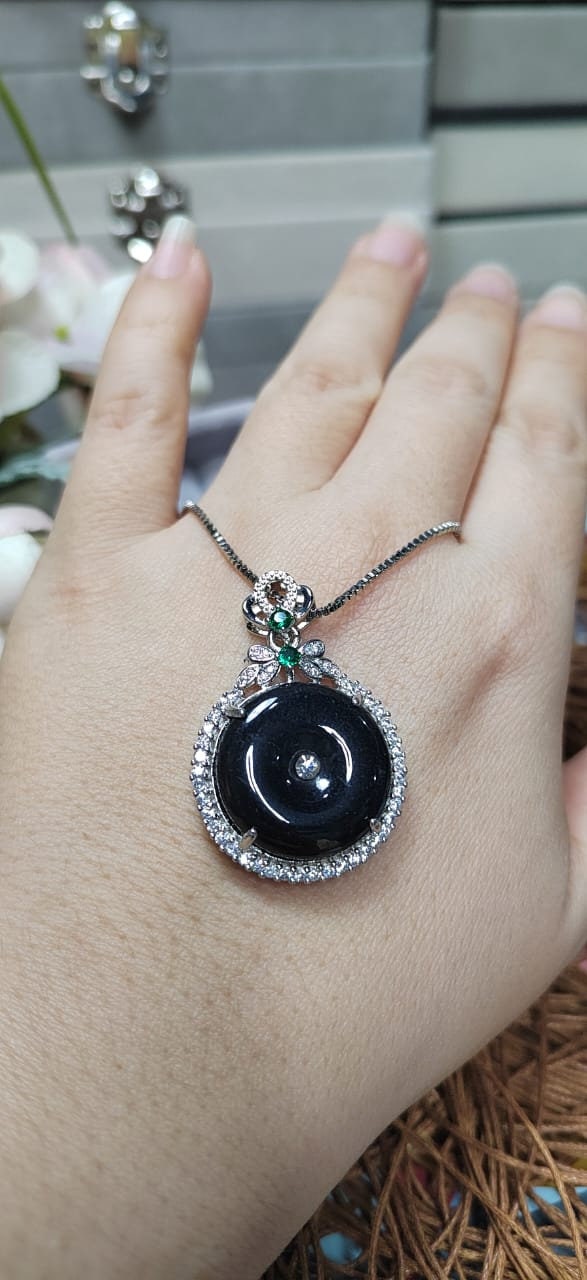 Certified A-Grade Necklace Natural Gemstone Untreated Black Ink Donut Shape Jadeite Zirconia Accents on 18K White Gold For Her Gifts SL059 - SL Precious