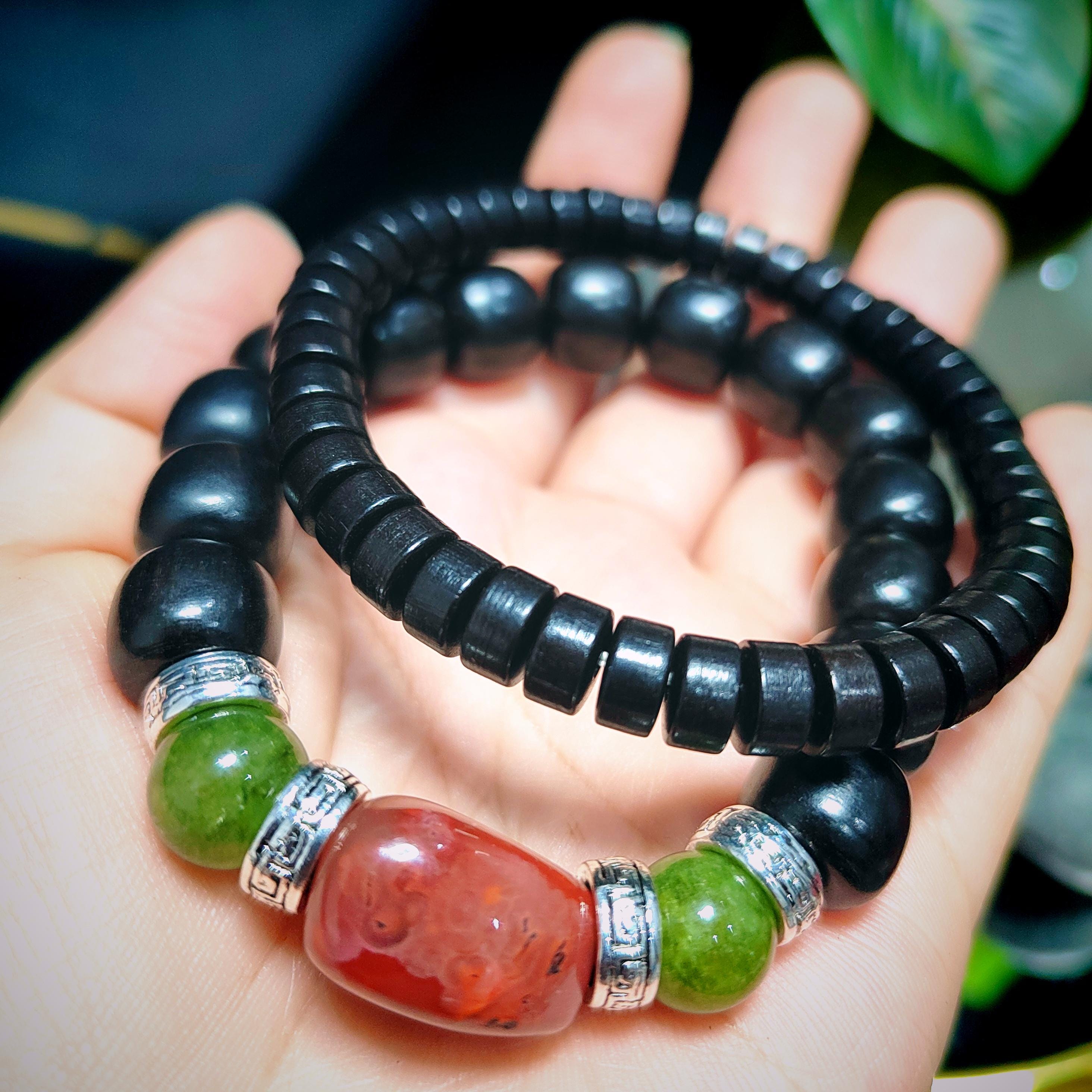 Handmade Ebony Wood Bead Bracelet Set |Unisex Jewelry with Silver and Natural Nanhong Tourmaline| Turquoise Accents SL388